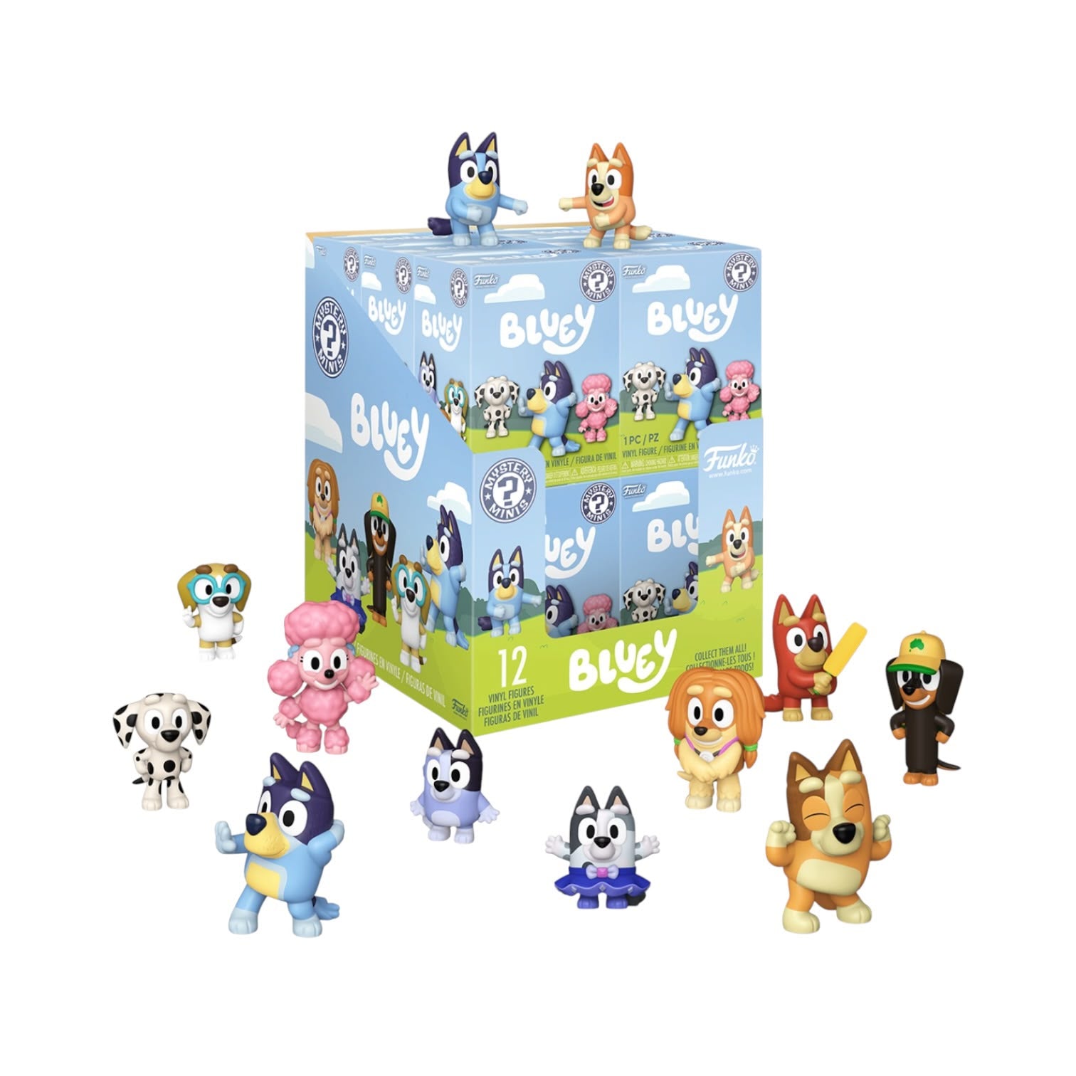 A box of Bluey Funko mini figures surrounded by several small character figures on a plain white background.