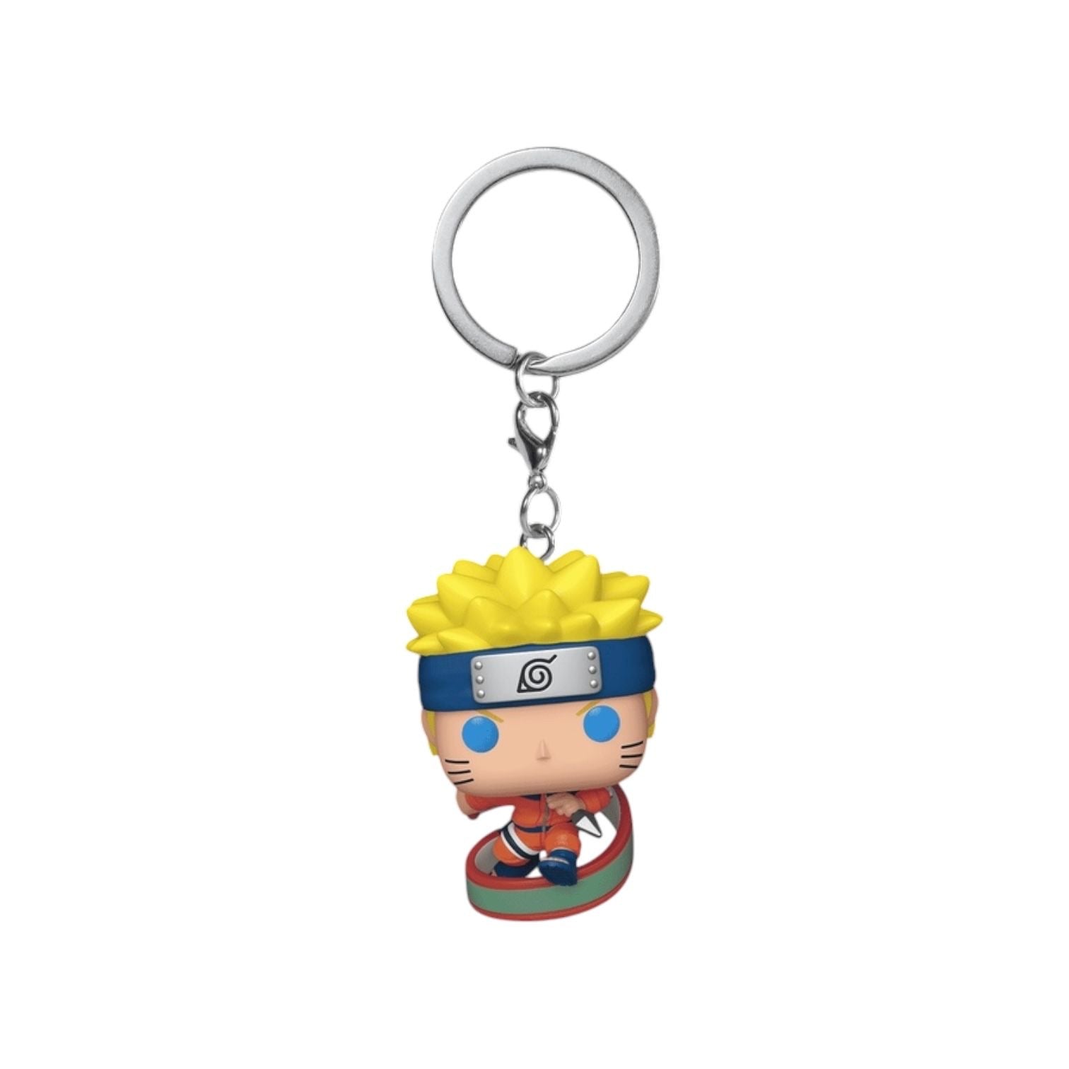 Keychain with a character in a blue headband and orange outfit on a white background