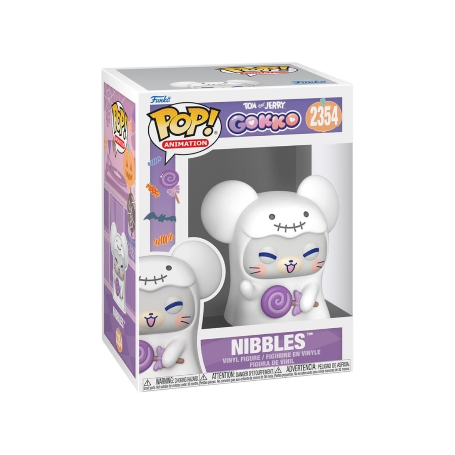 Cartoon character with a white face, blue eyes, and a purple lollipop on a white background