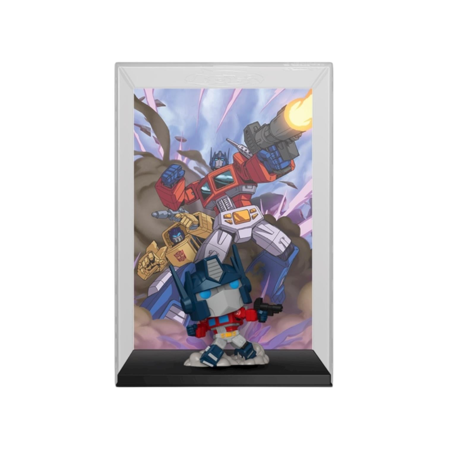 Transformers toy figure in a clear display case with a colorful background