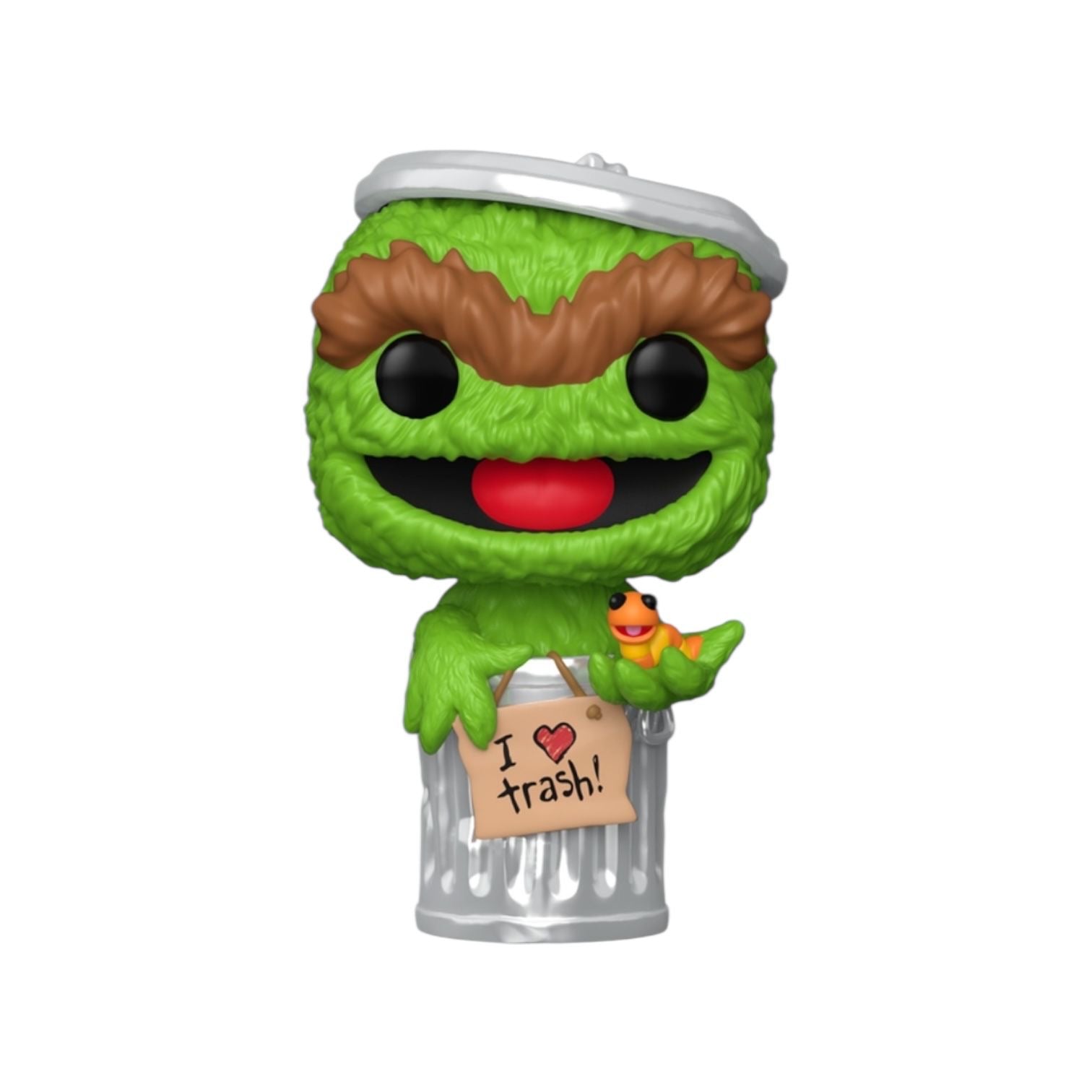 Funko Pop! vinyl figure of a green character in a trash can with a heart and 'I love trash!' sign on a white background