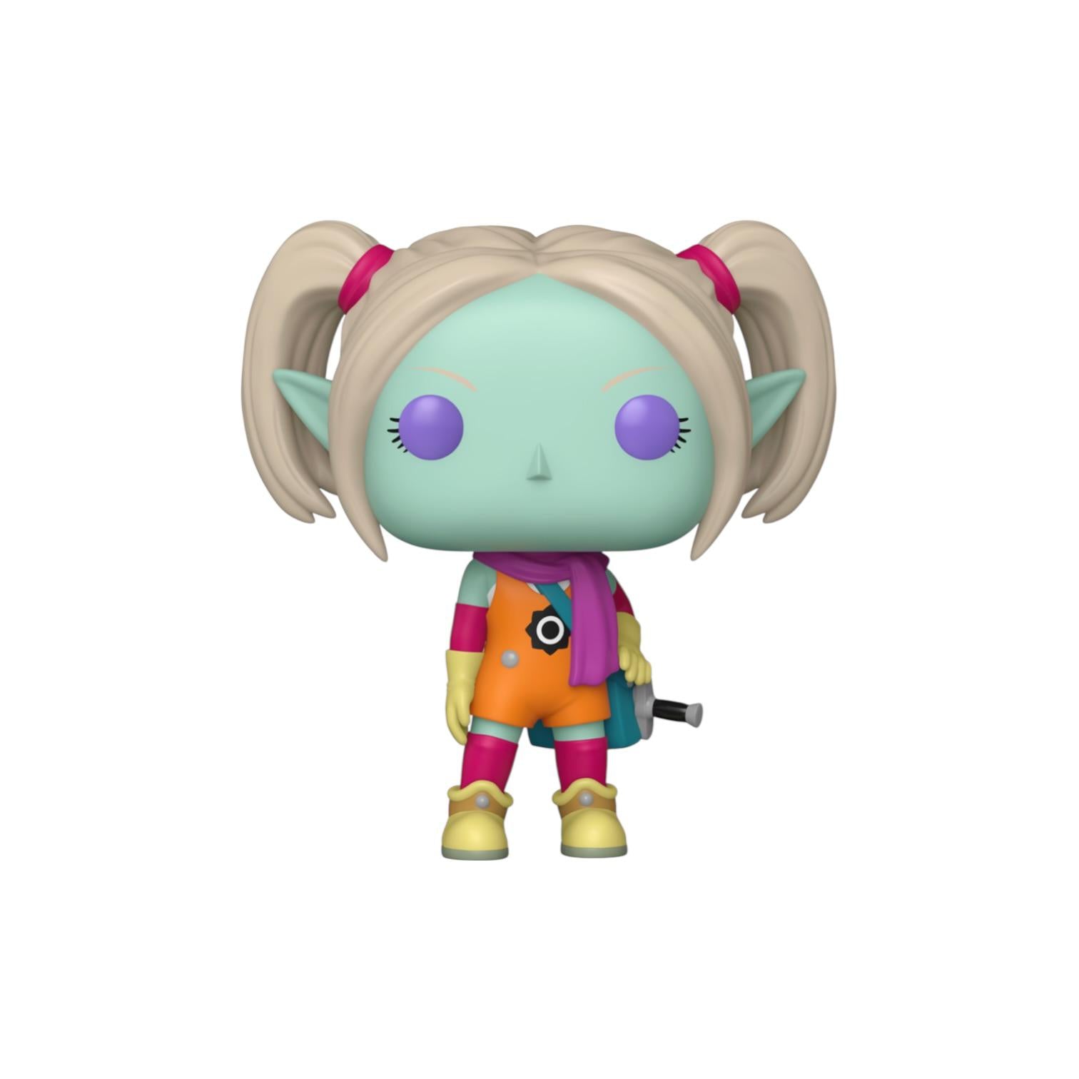 Colorful figurine with blonde hair and purple eyes on a white background