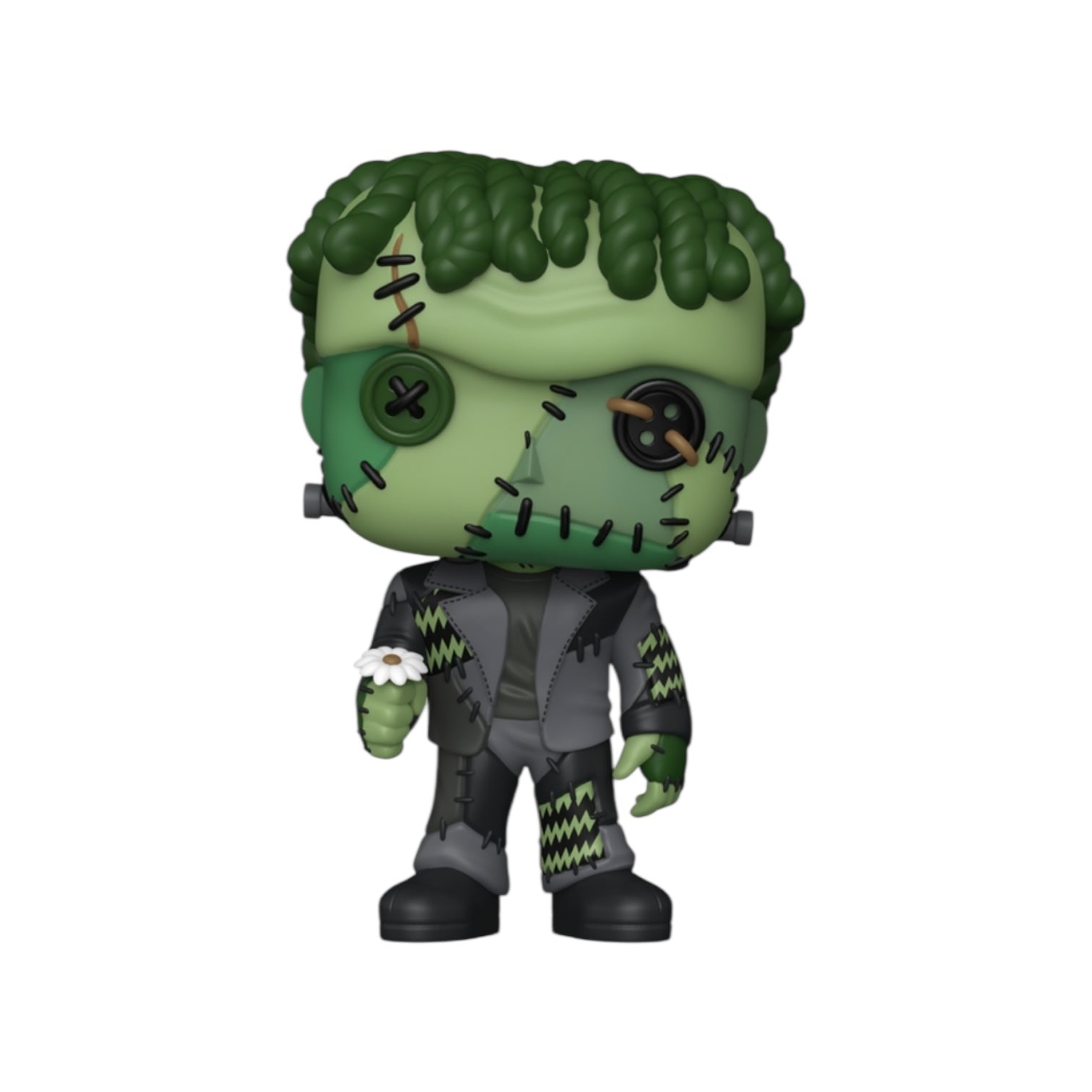 Green monster figurine with black hair and gray suit on a white background