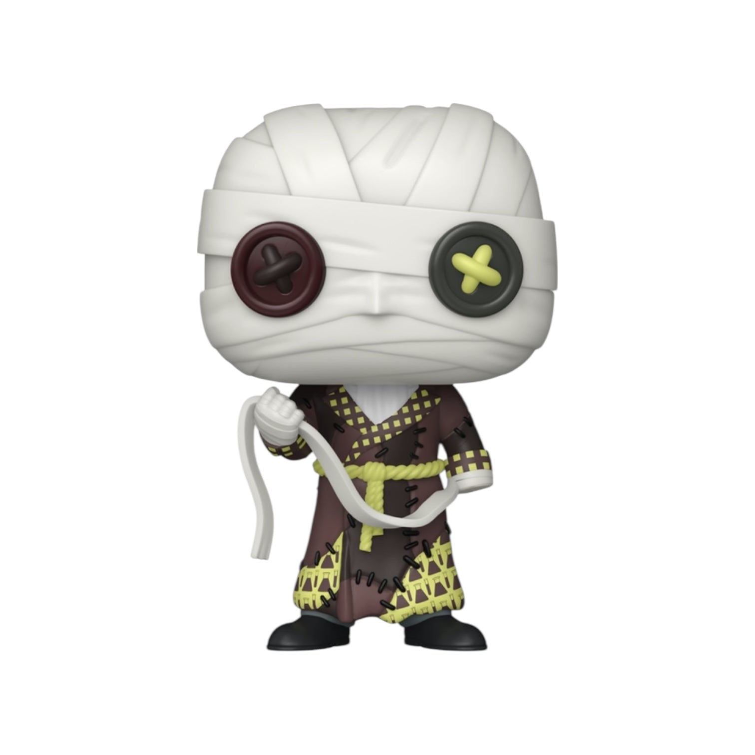 Mummy figurine with a white bandage, brown outfit, and black shoes on a white background