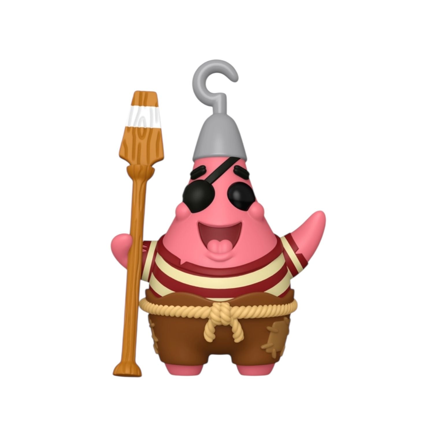 Toy figure of a pink character with a hook for a head, holding a torch on a white background