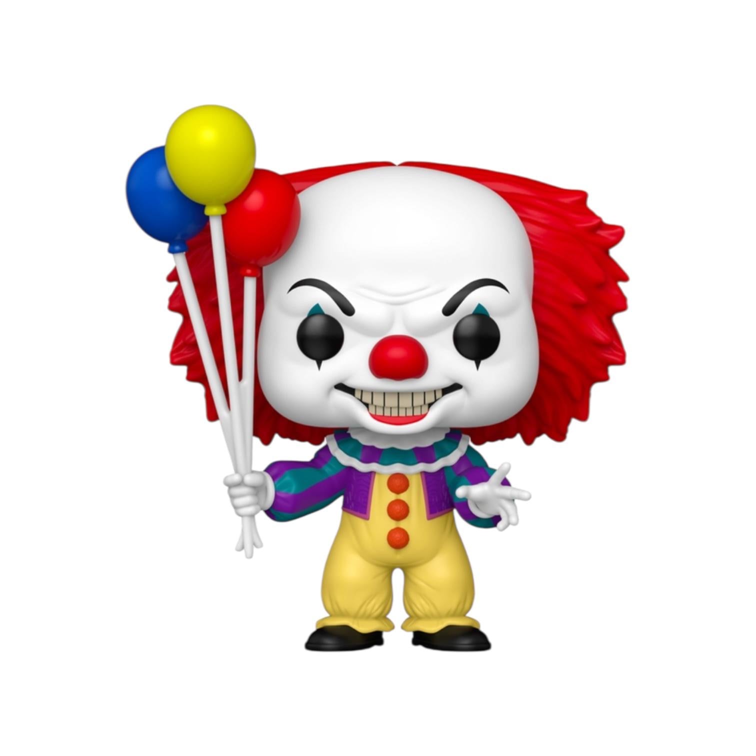 Clown figurine with red hair, white face, and colorful outfit holding balloons on a white background