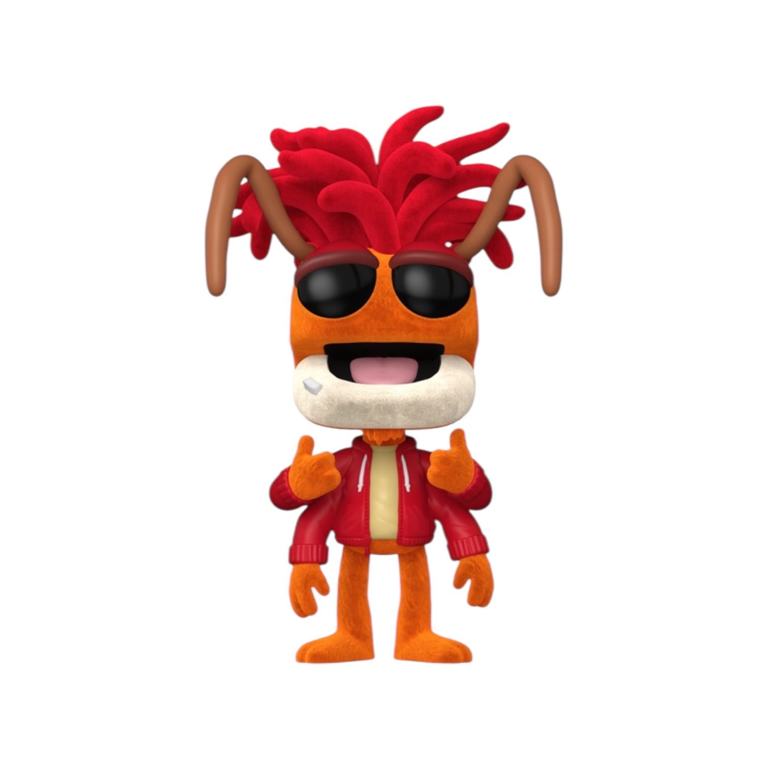 Plush toy with red hair, sunglasses, and a red jacket on a white background