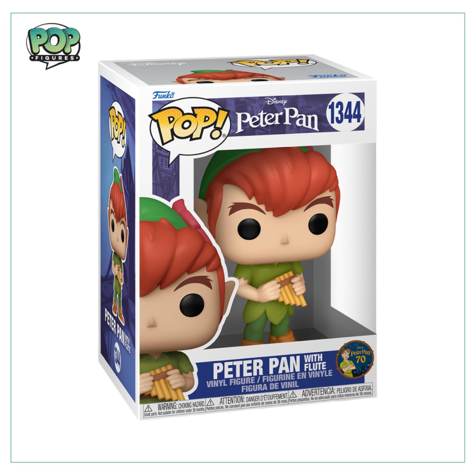 Funko Pop! figure of Peter Pan holding a flute, featuring his signature green outfit and playful expression.