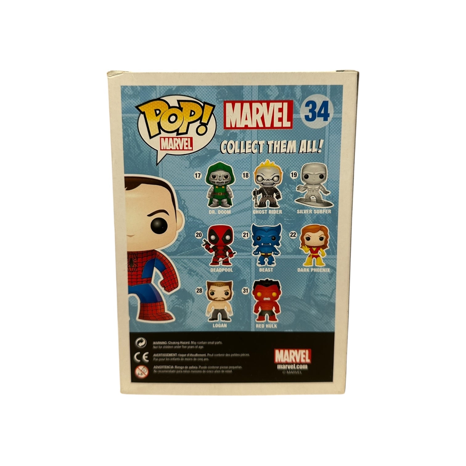 Marvel Pop! vinyl figure packaging with character illustrations on a white background