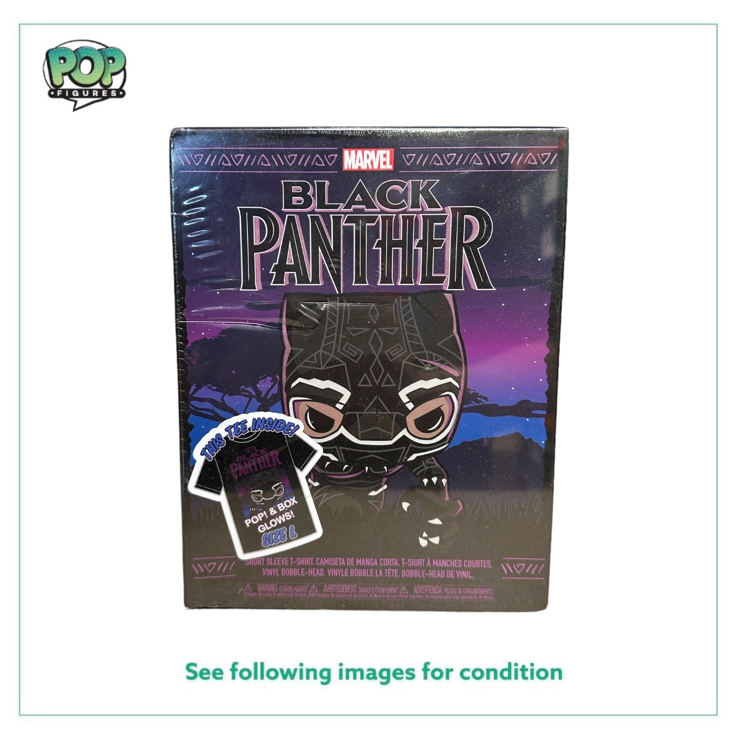 Black Panther #273 (Purple Glows in the Dark) Funko Pop T-Shirt Bundle! - Black Panther - Target Exclusive - Sealed - Condition 8.5/10
