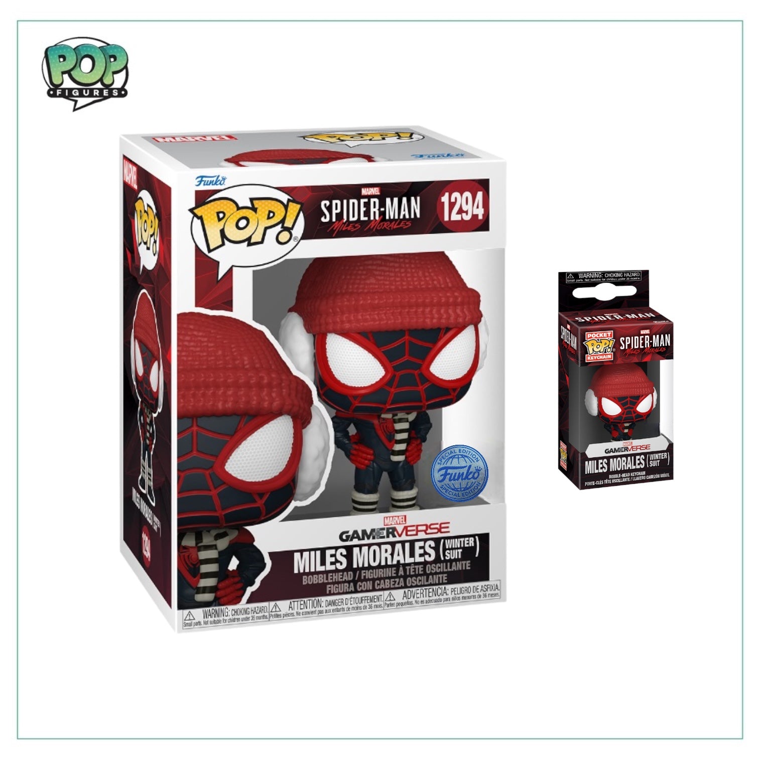 LIMITED STOCK - Miles Morales (Winter Suit) #1294 Funko Pop - Pop Figures Exclusive + Miles Morales Funko Pop Keychain Bundle