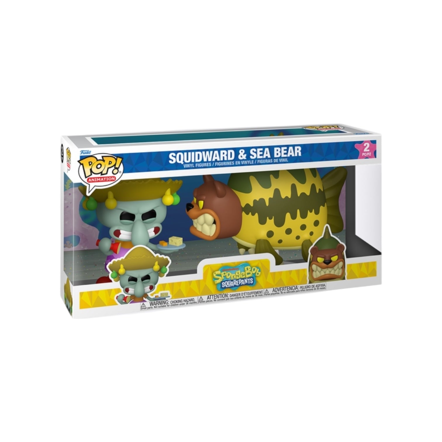 Funko Pop! packaging featuring Squidward and Sea Bear figures on a white background