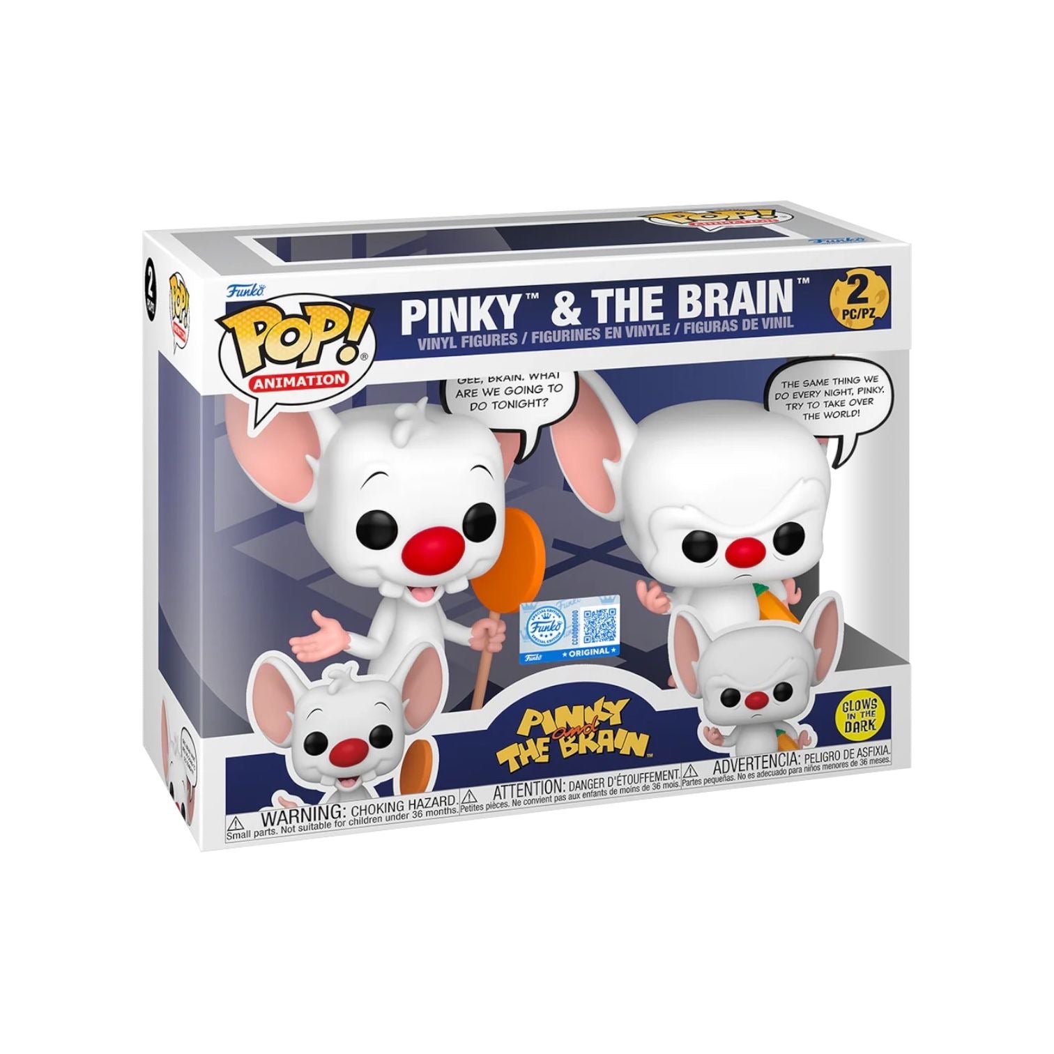 Funko Pop! packaging for Pinky and the Brain figures on a white background