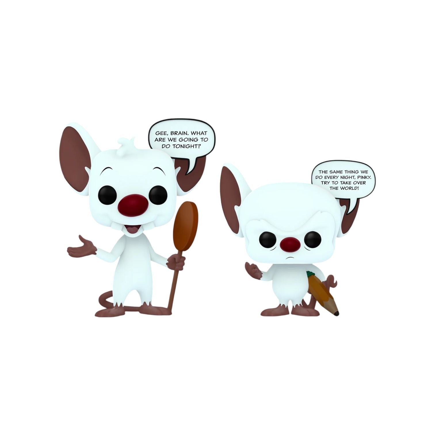 Two animated character figurines with speech bubbles on a white background