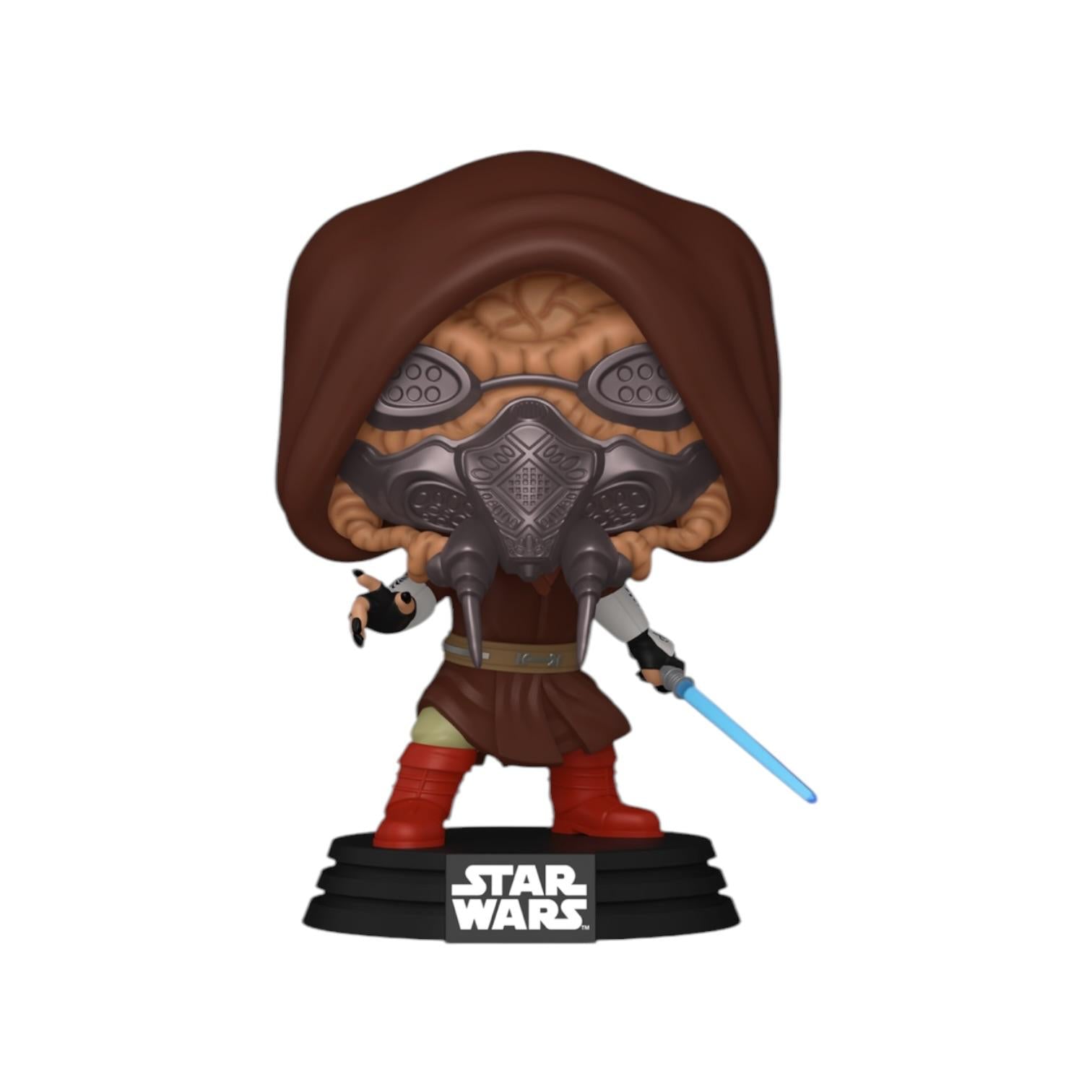 Star Wars figurine with a hooded outfit and lightsaber on a white background