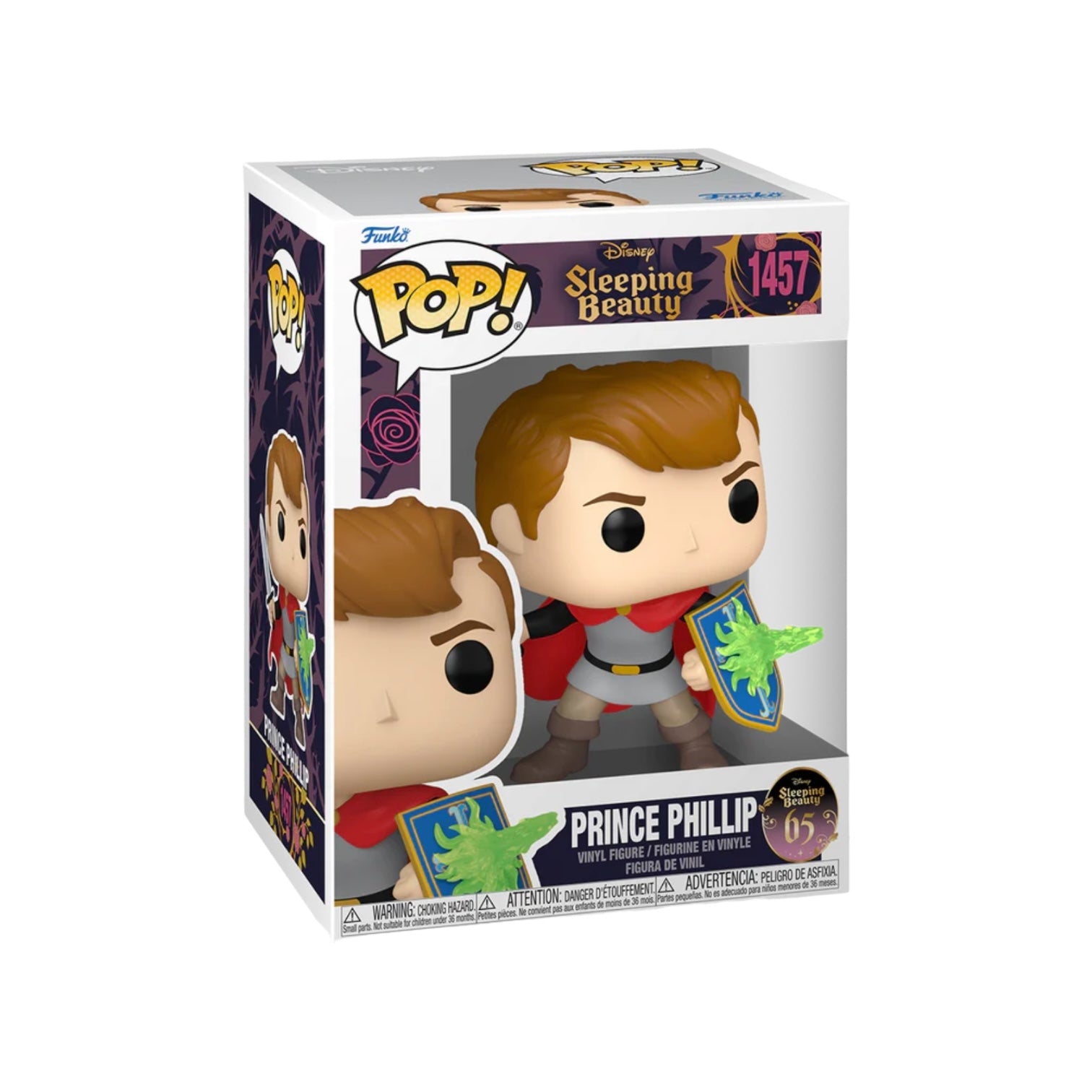 Prince Phillip Funko Pop! figure, styled for Sleeping Beauty's 65th anniversary, showcasing his iconic armor and sword.