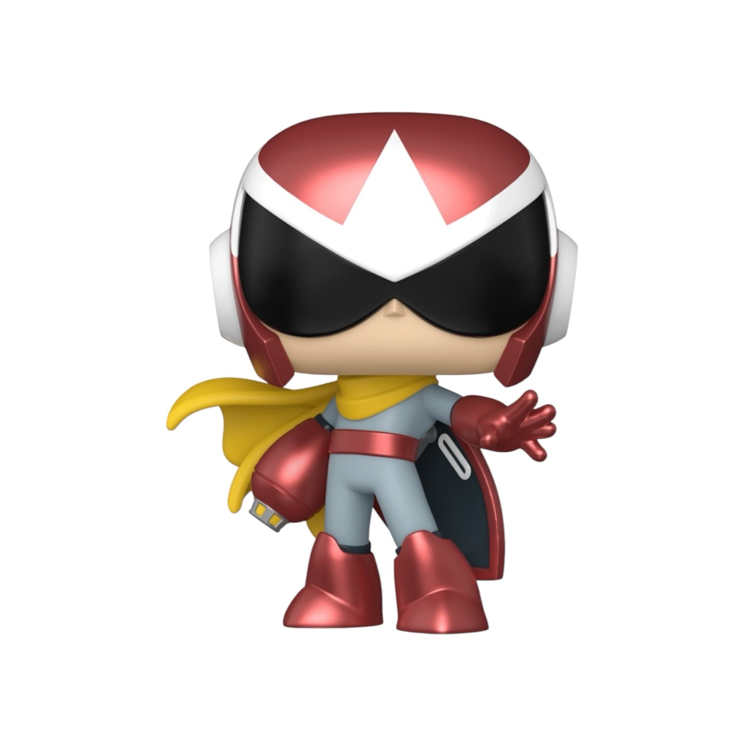 Superhero figurine with red and white mask, yellow cape, and red boots on a white background