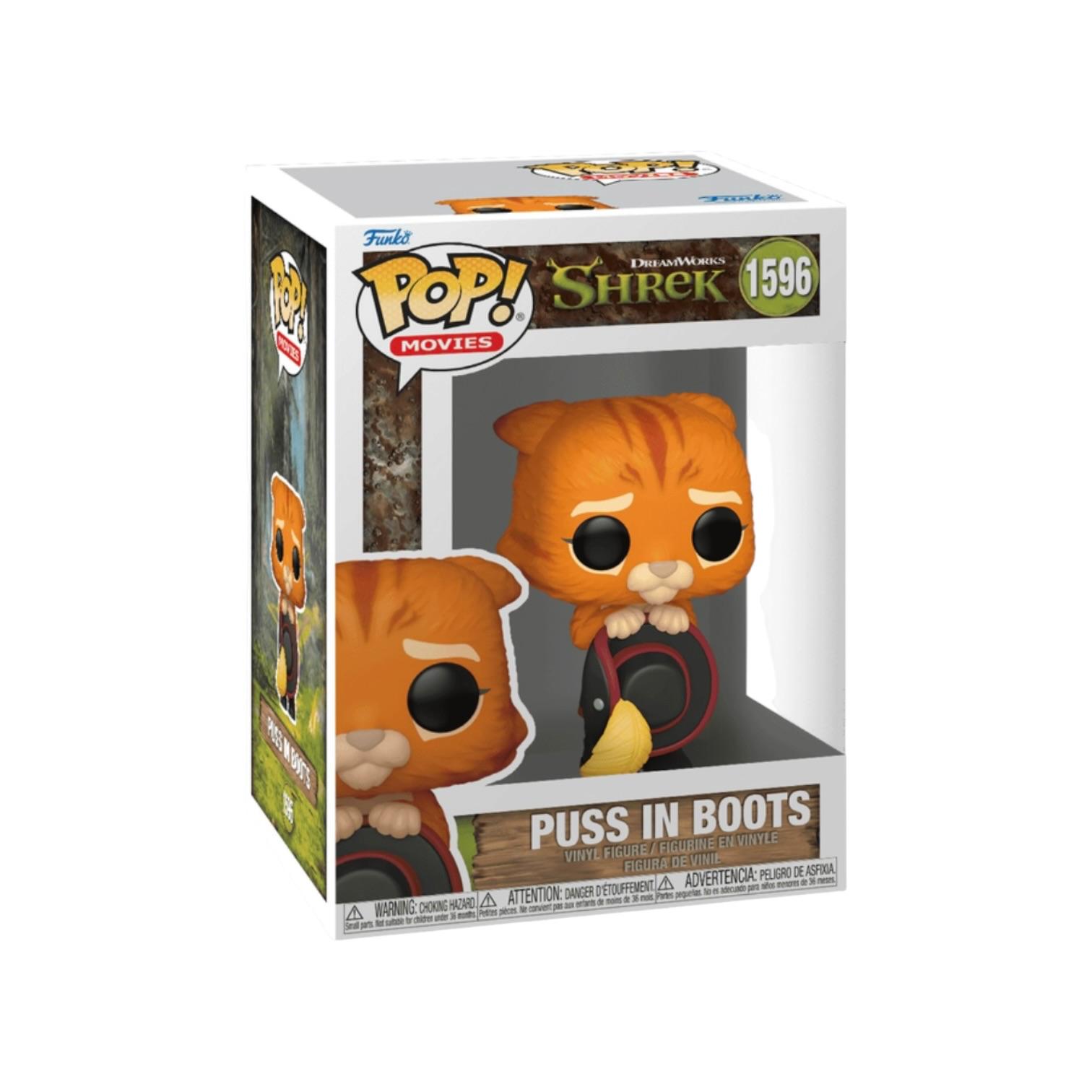 Funko Pop! Movies vinyl figure of Puss in Boots from Disney's Shrek, number 1596, shown in its original window box packaging against a white background.