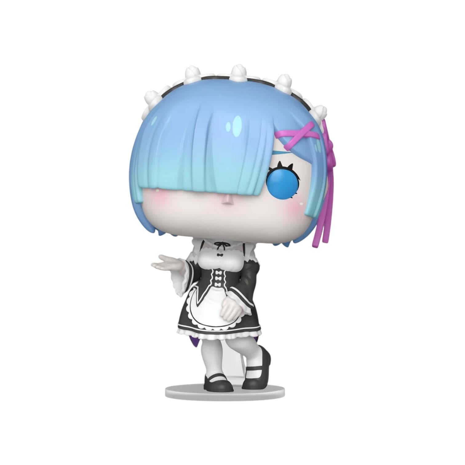 Animated character figurine with blue hair and a black and white outfit on a white background