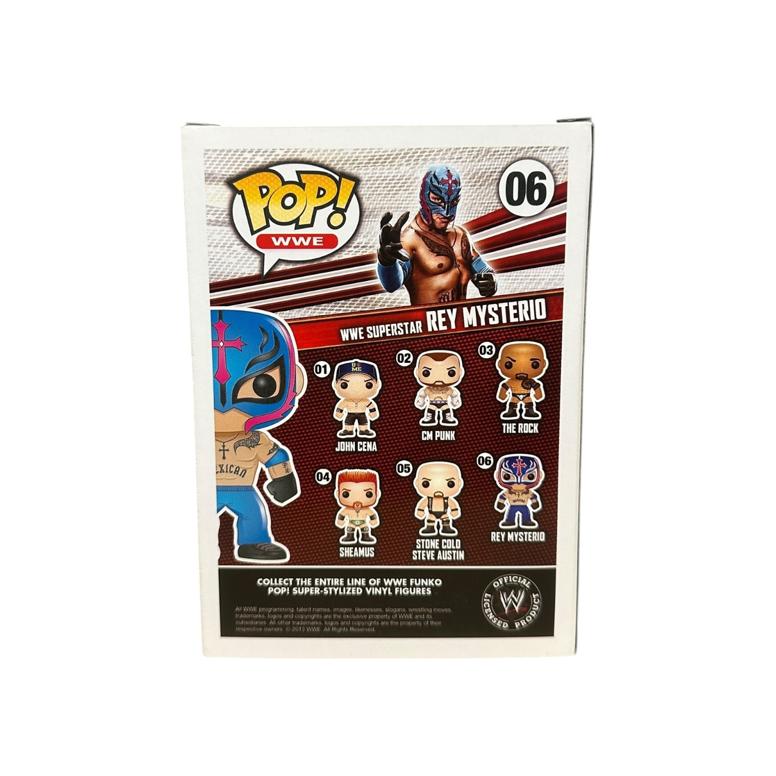 Funko Pop! WWE Rey Mysterio action figure packaging on a white background
