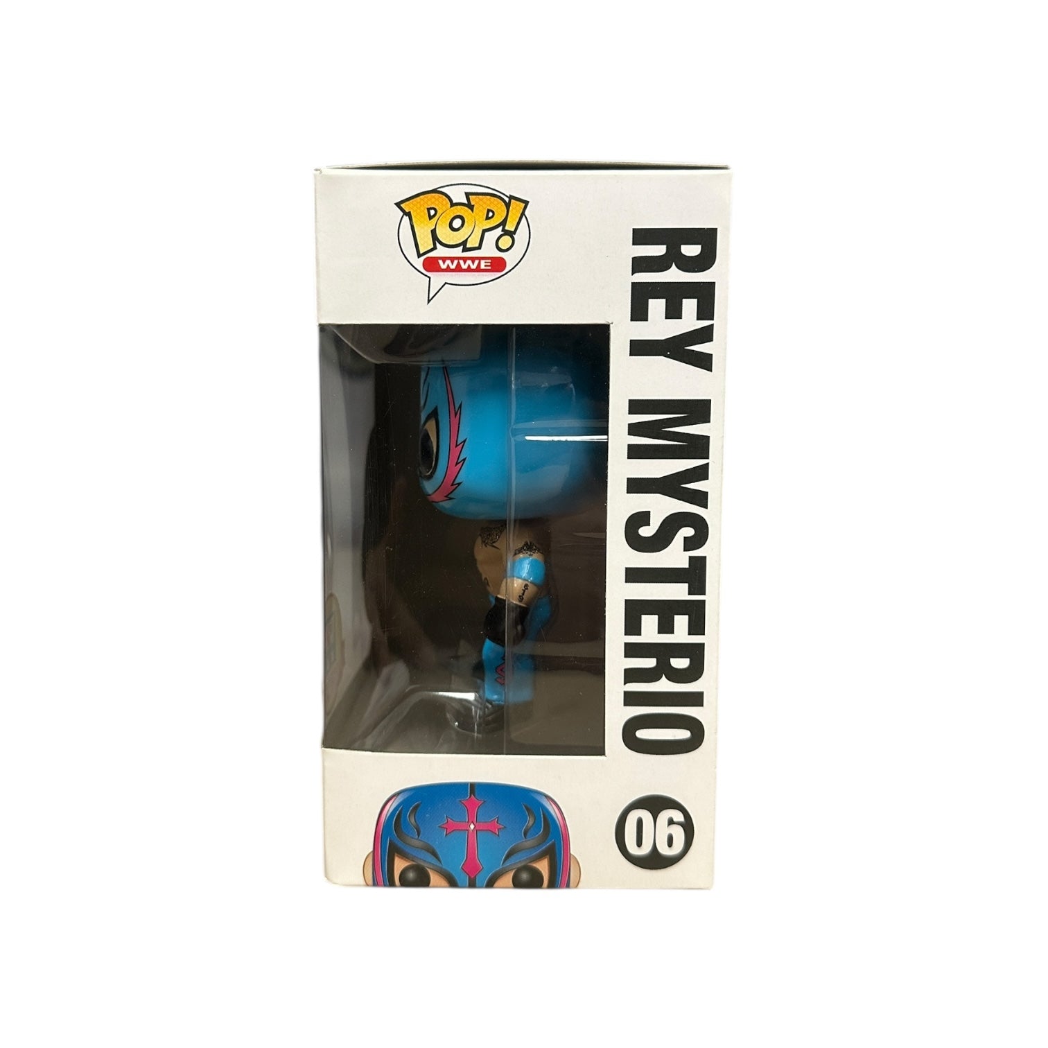 Pop! Vinyl figure packaging of Rey Mysterio with Pop! and WWE logos on a white background