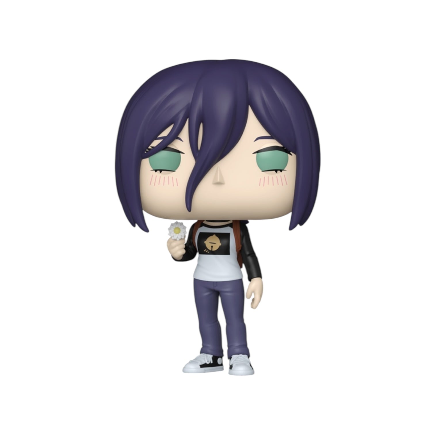 Figurine with purple hair and green eyes holding a small object on a white background
