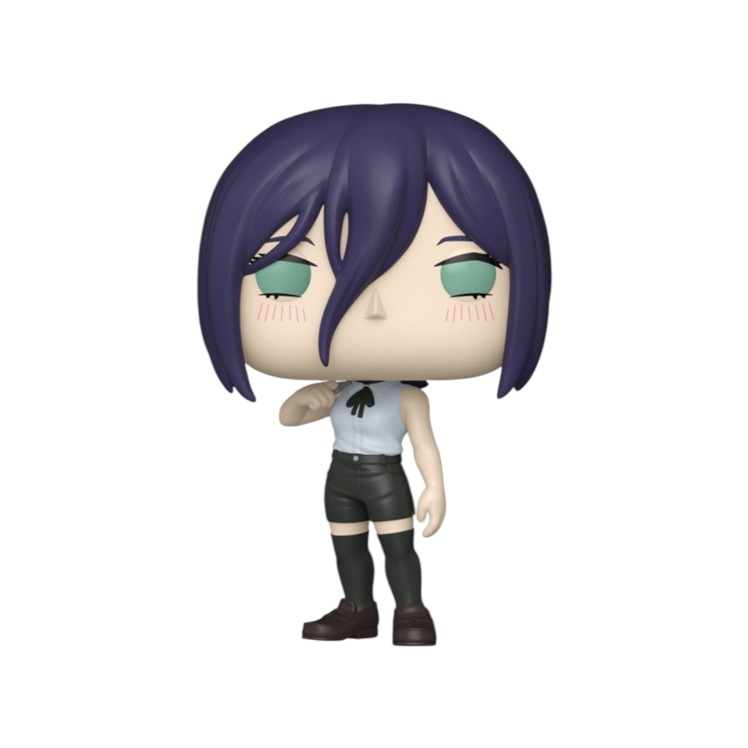 Figurine with purple hair and green eyes on a white background