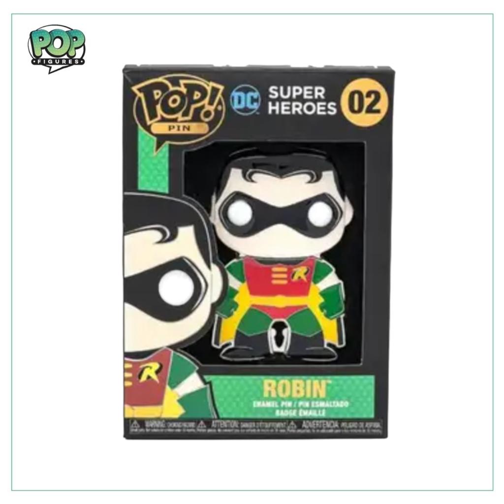 Funko enamel pin of Robin from DC Super Heroes, featuring his iconic costume and cheerful expression.