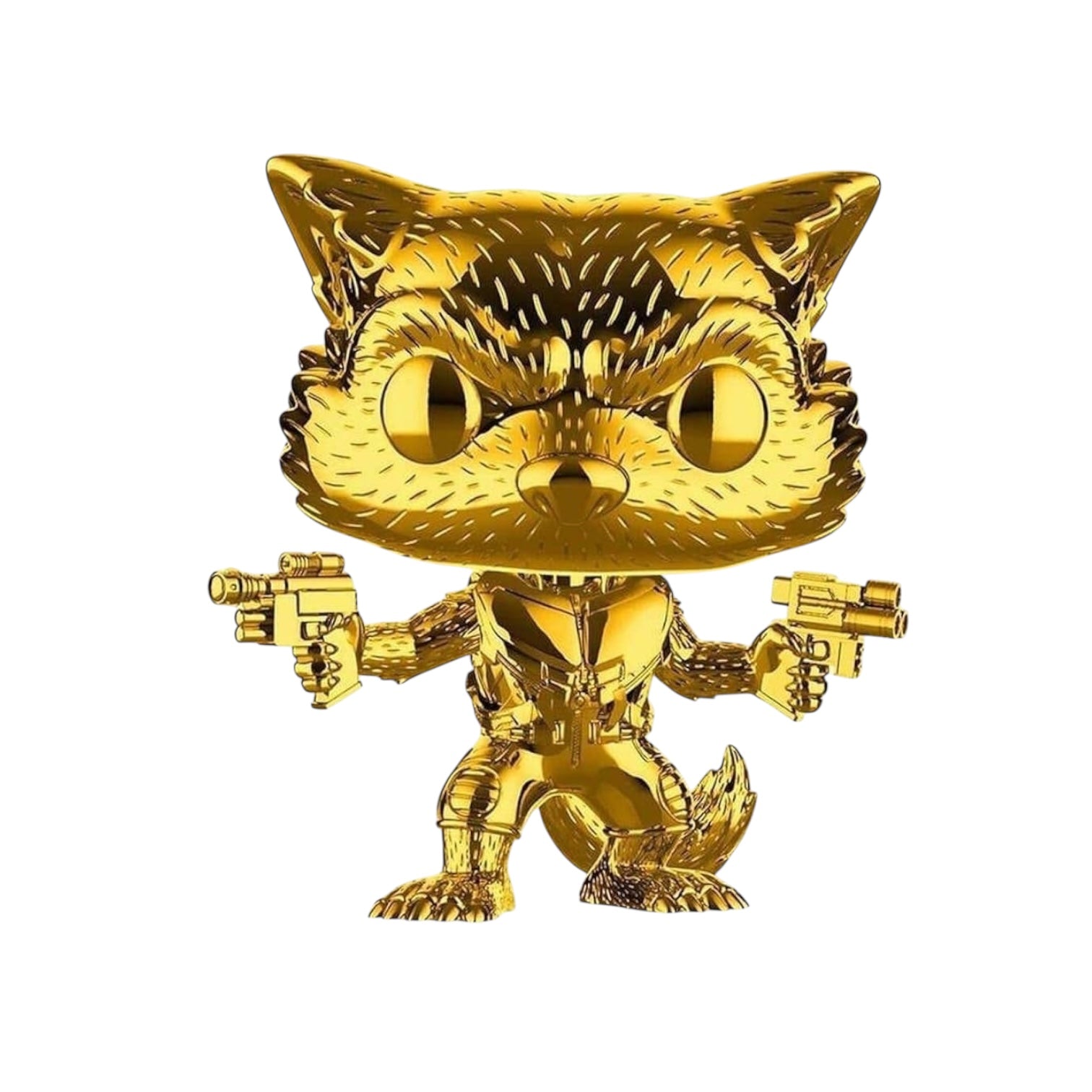 Rocket from Guardians of the Galaxy standing with a gun in each hand. Gold chrome affect. 