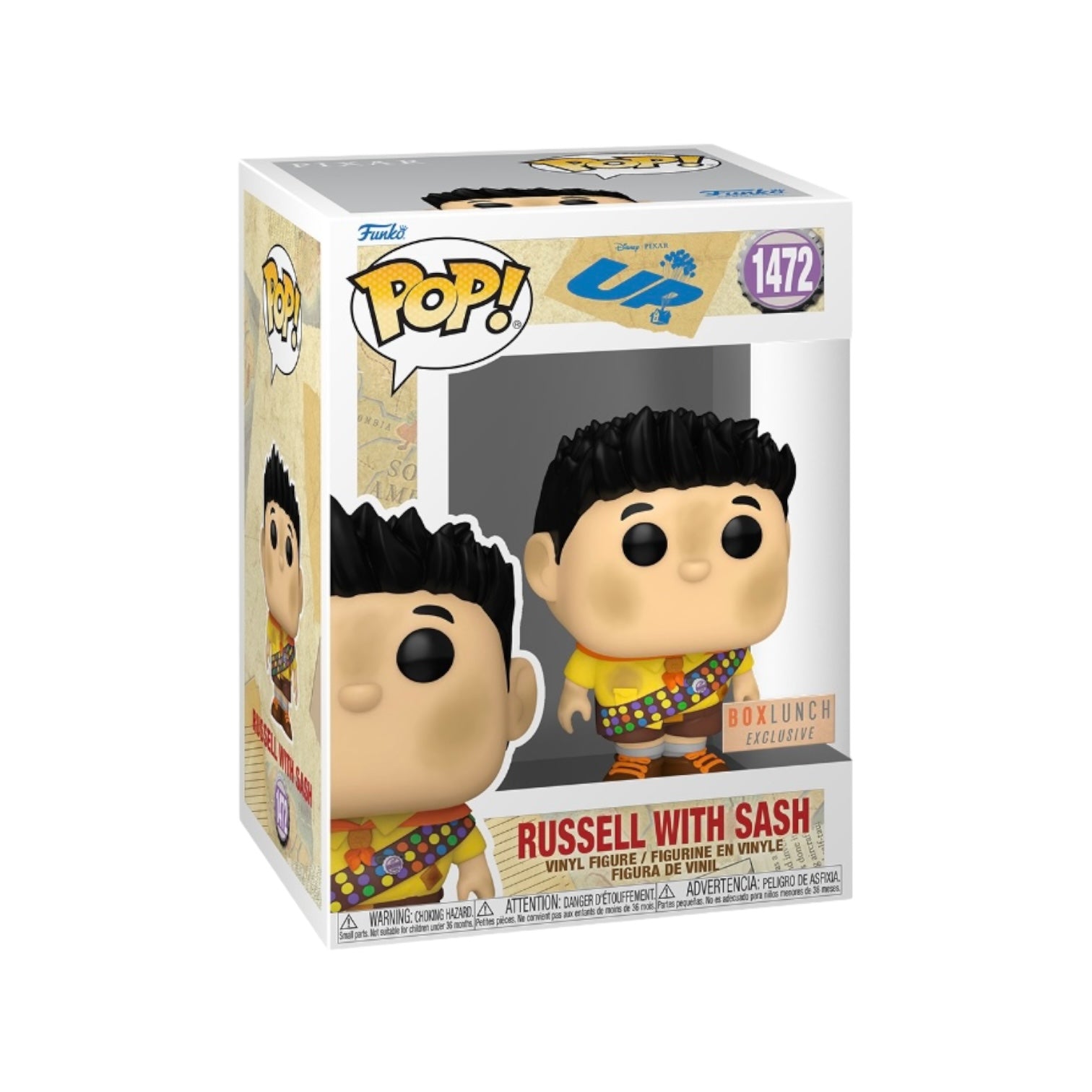 Russell with Sash #1472 Funko Pop! from UP, featuring the character in his explorer outfit, exclusive to BoxLunch.