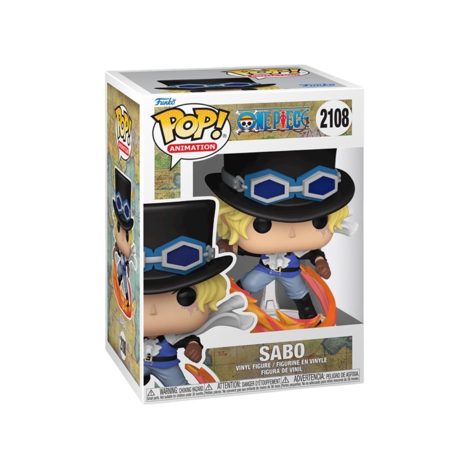 Funko Pop figure of Sabo from One Piece, featuring his signature hat and outfit, standing on a display base.