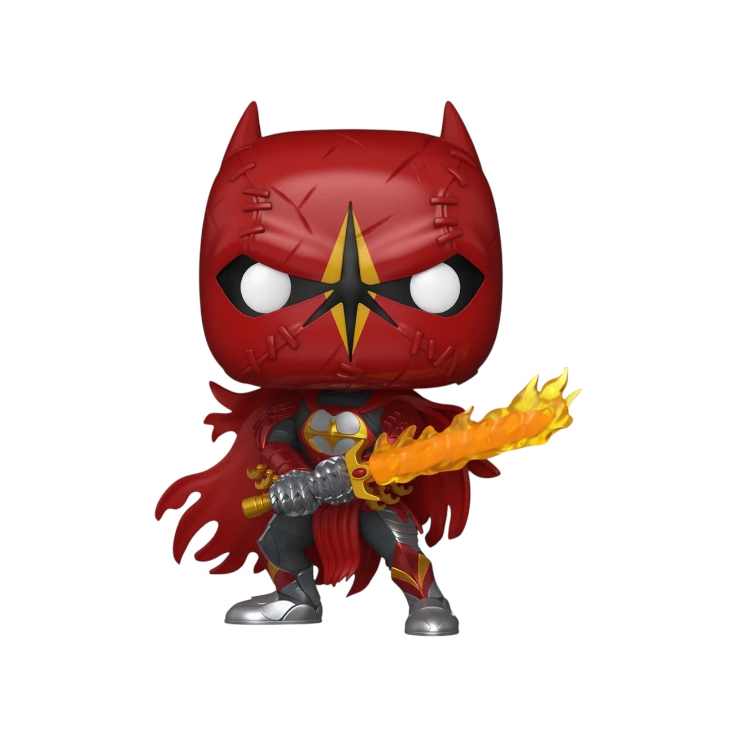 Red superhero figurine with a weapon on a white background