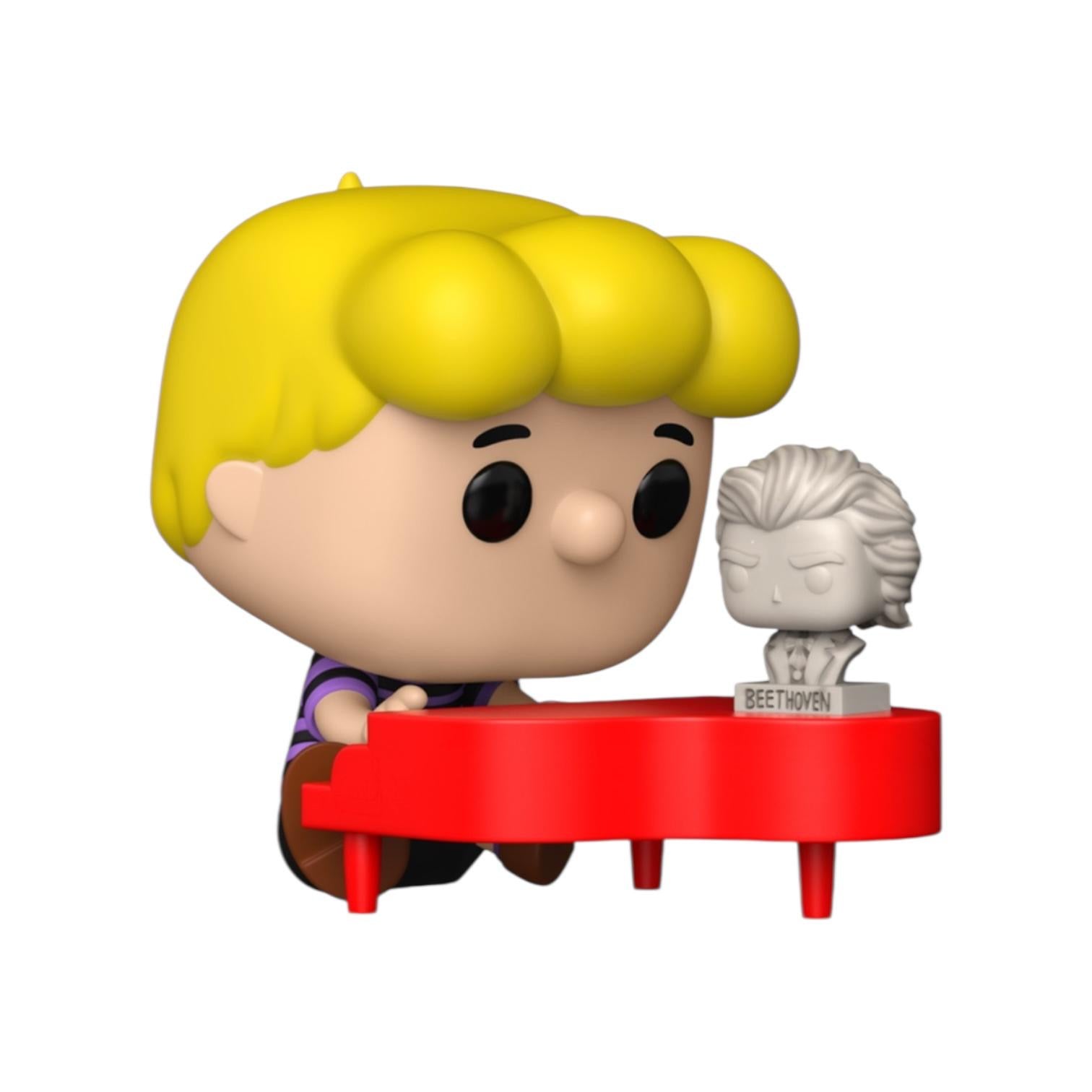 Funko Pop! vinyl figure of a character with yellow hair playing a red piano, with another figure labeled 'Beethoven' on a white background.