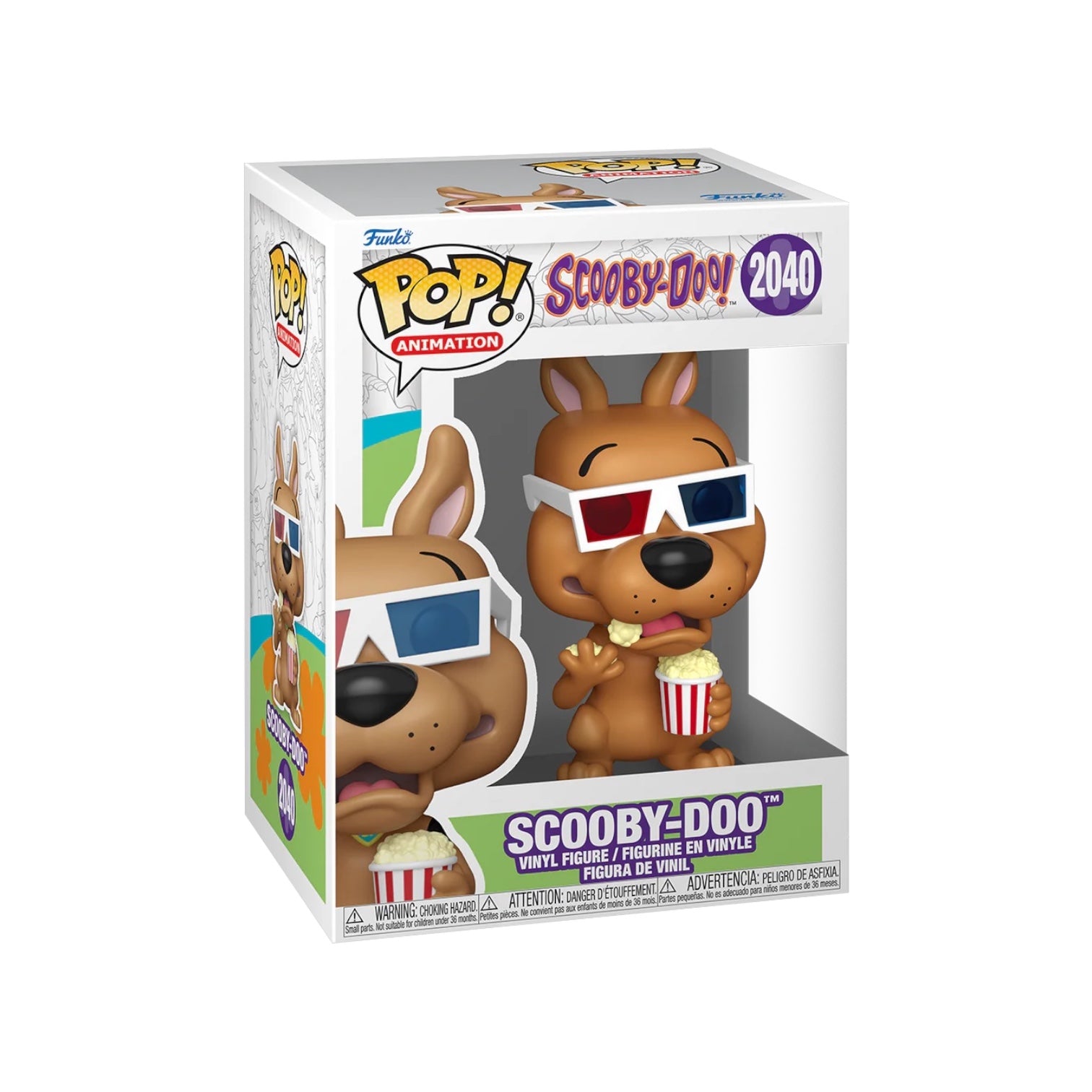 Funko Pop! vinyl figure packaging featuring Scooby-Doo with sunglasses and popcorn.