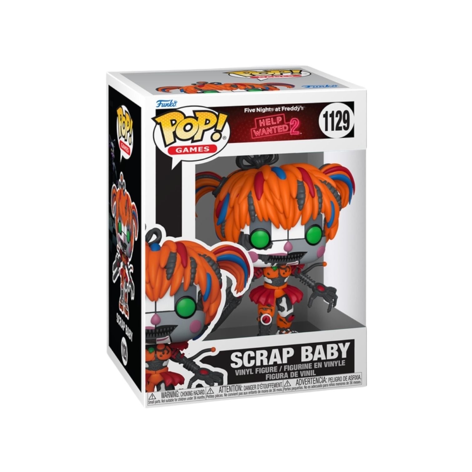 Funko Pop! vinyl figure packaging with Scrap Baby from Five Nights at Freddy's on a white background