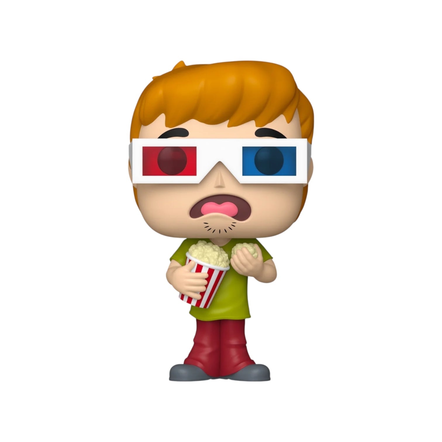 Figurine of a character wearing 3D glasses and holding popcorn, on a white background