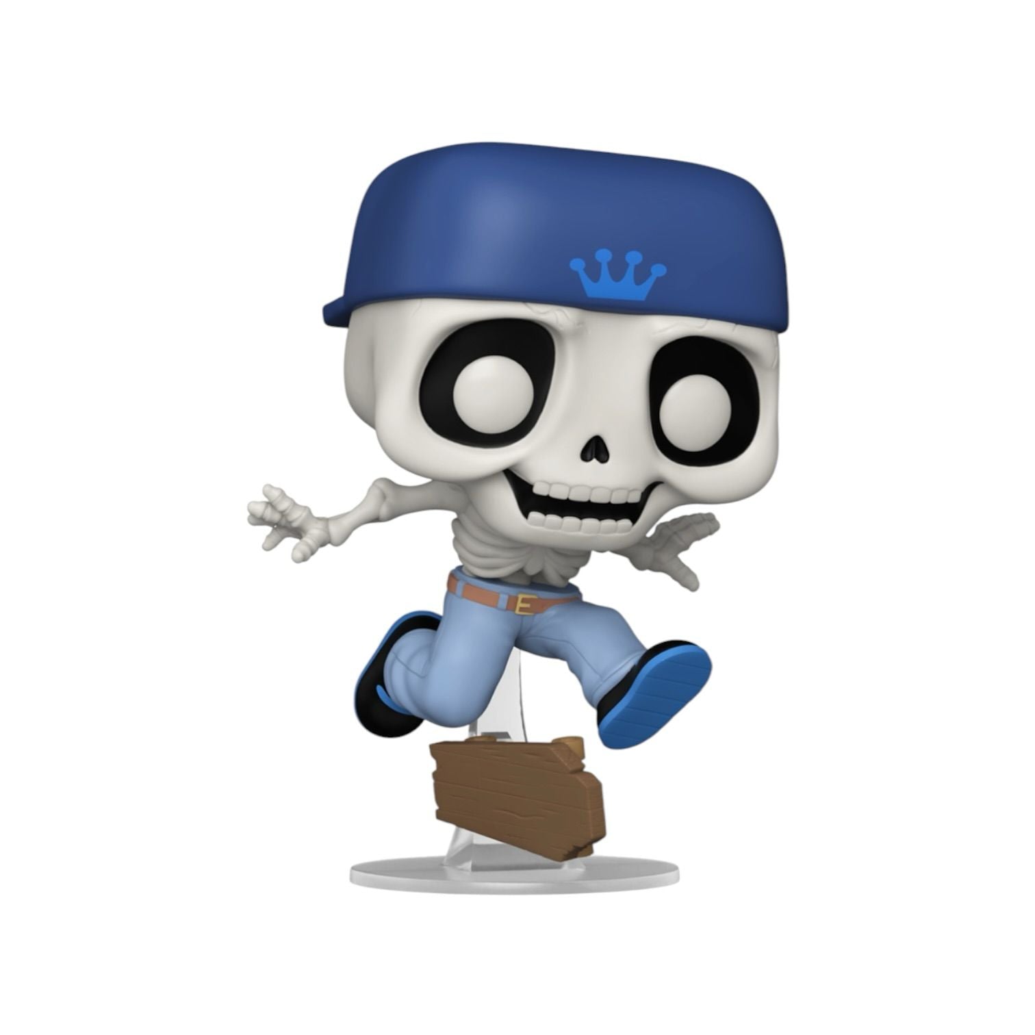 Skull figure with blue cap and pants, holding a briefcase, on a white background