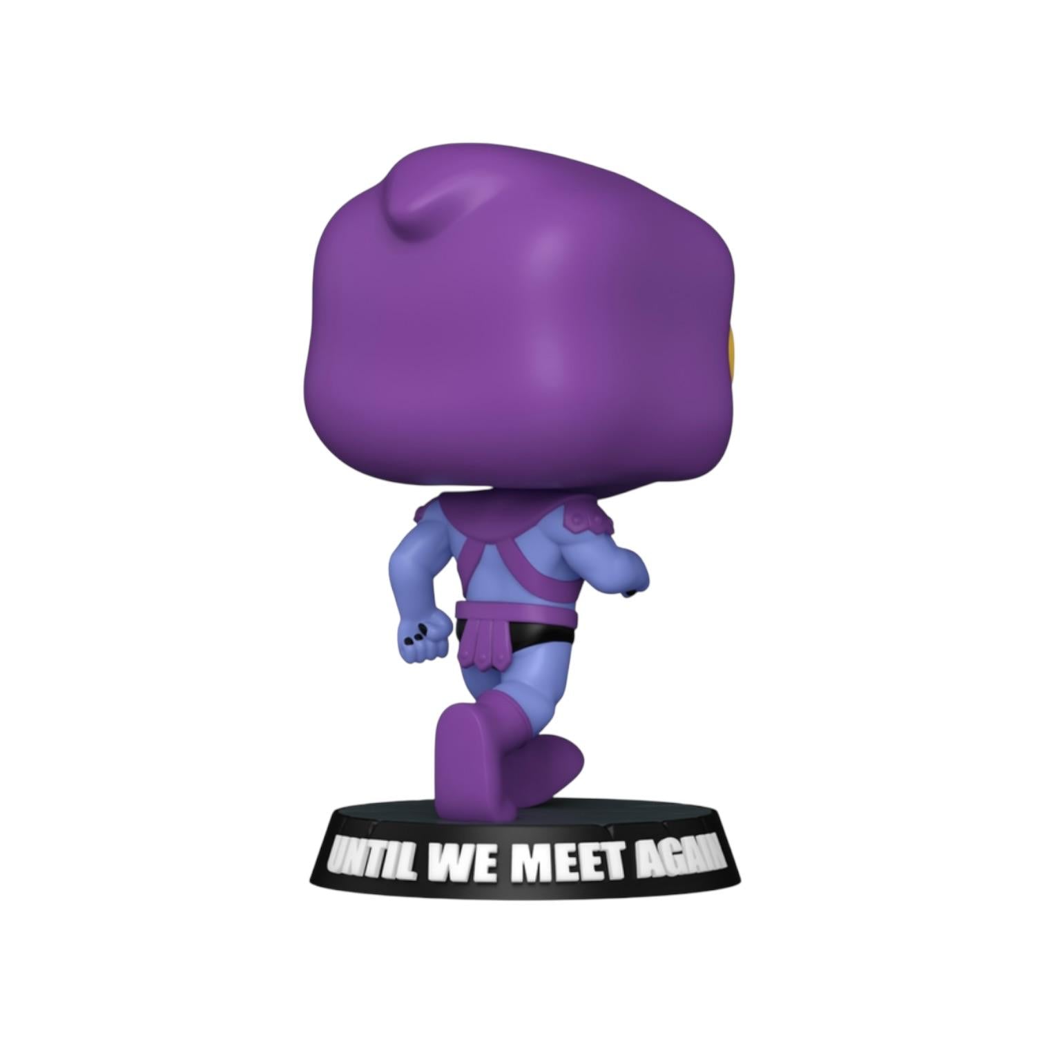 Purple and blue character figurine with a black base on a white background