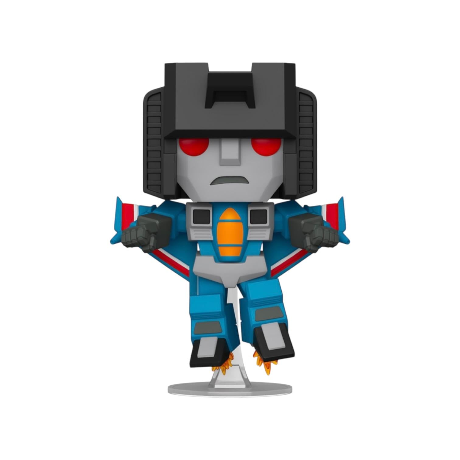 Toy figure of a robot with blue, gray, and red colors on a white background