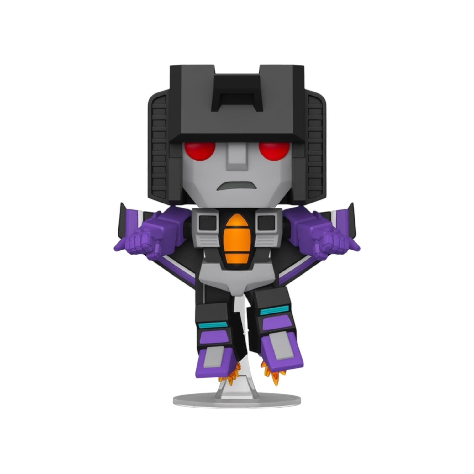 Toy figure of a robot character with black, purple, and gray colors on a white background