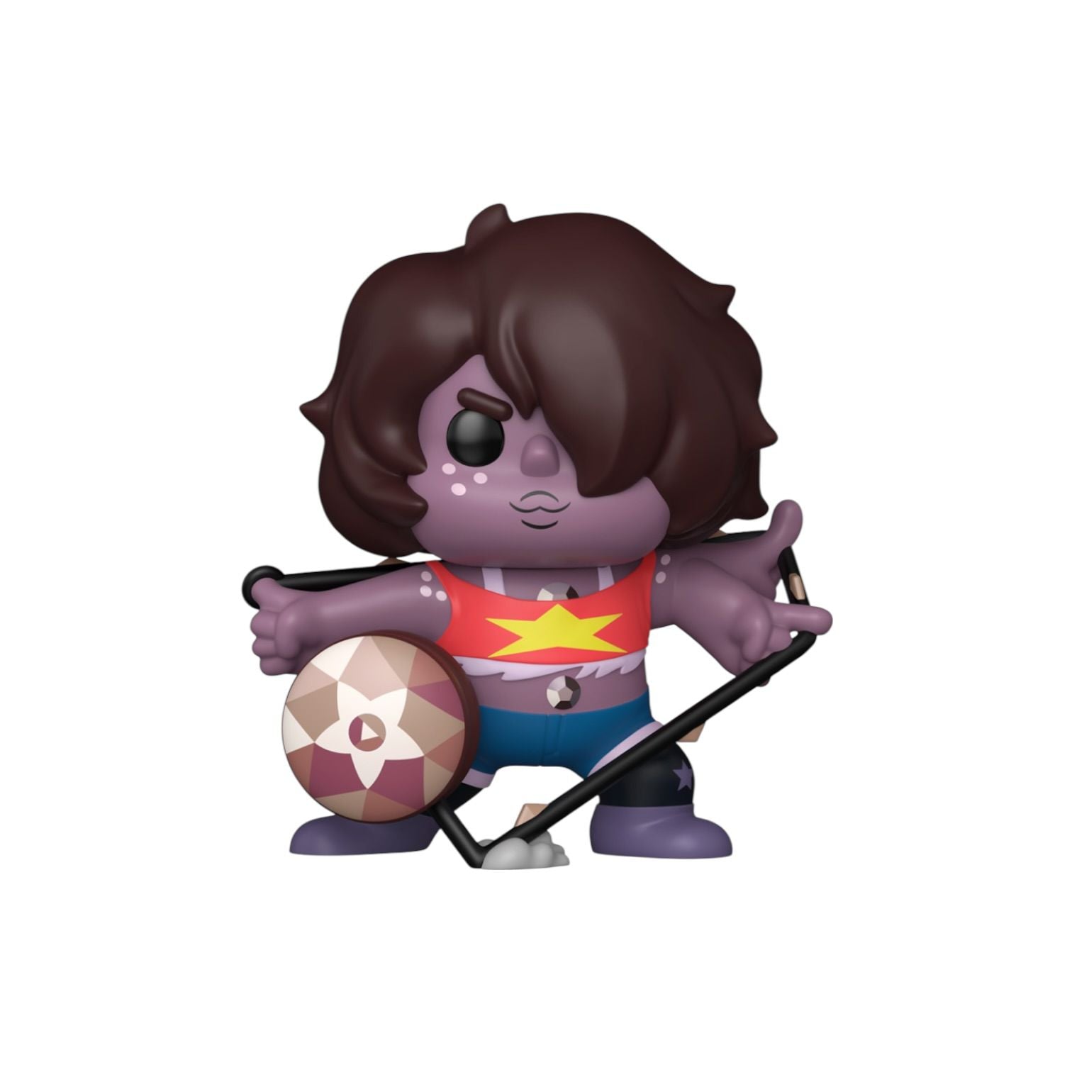 Figurine with brown hair, purple skin, and a red shirt with a yellow star on a white background