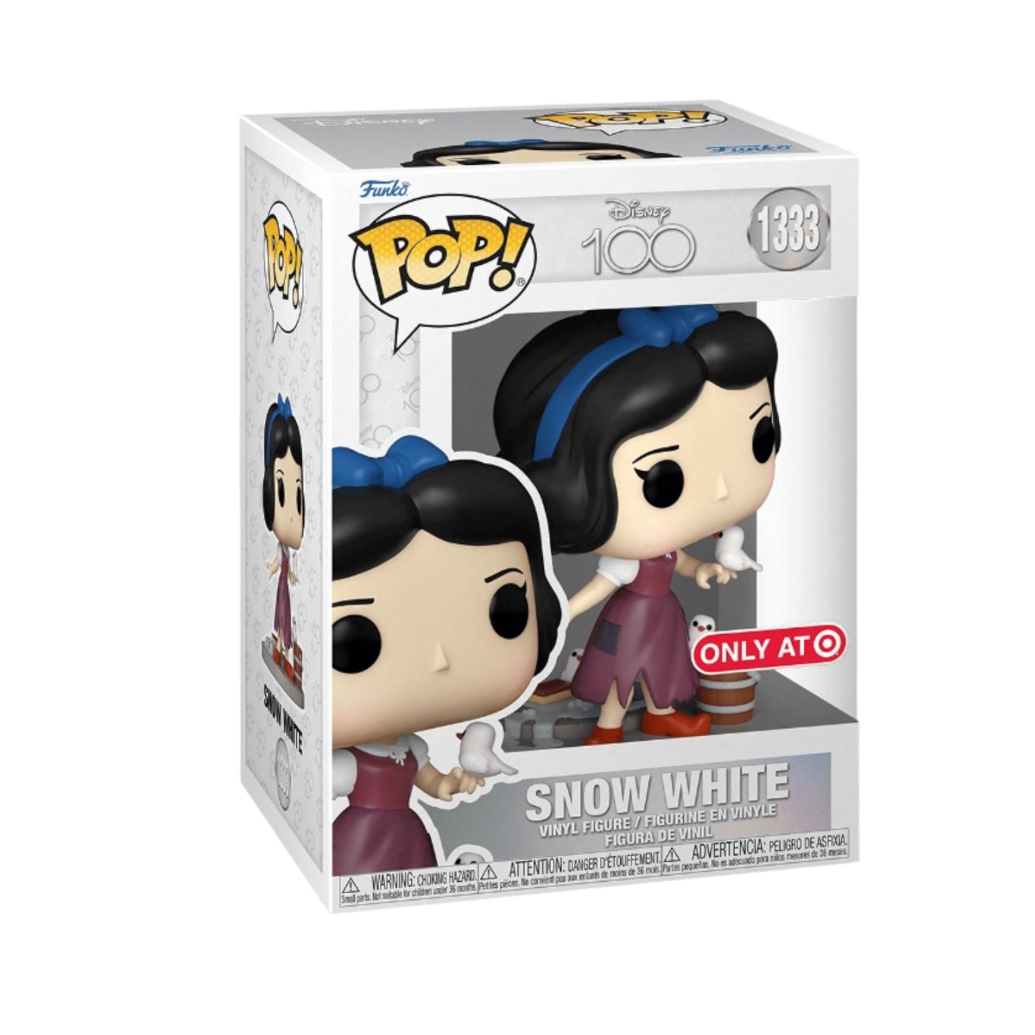 Funko Pop! figure of Snow White, Disney 100 edition, exclusive to Target, featuring her iconic dress and hairstyle.