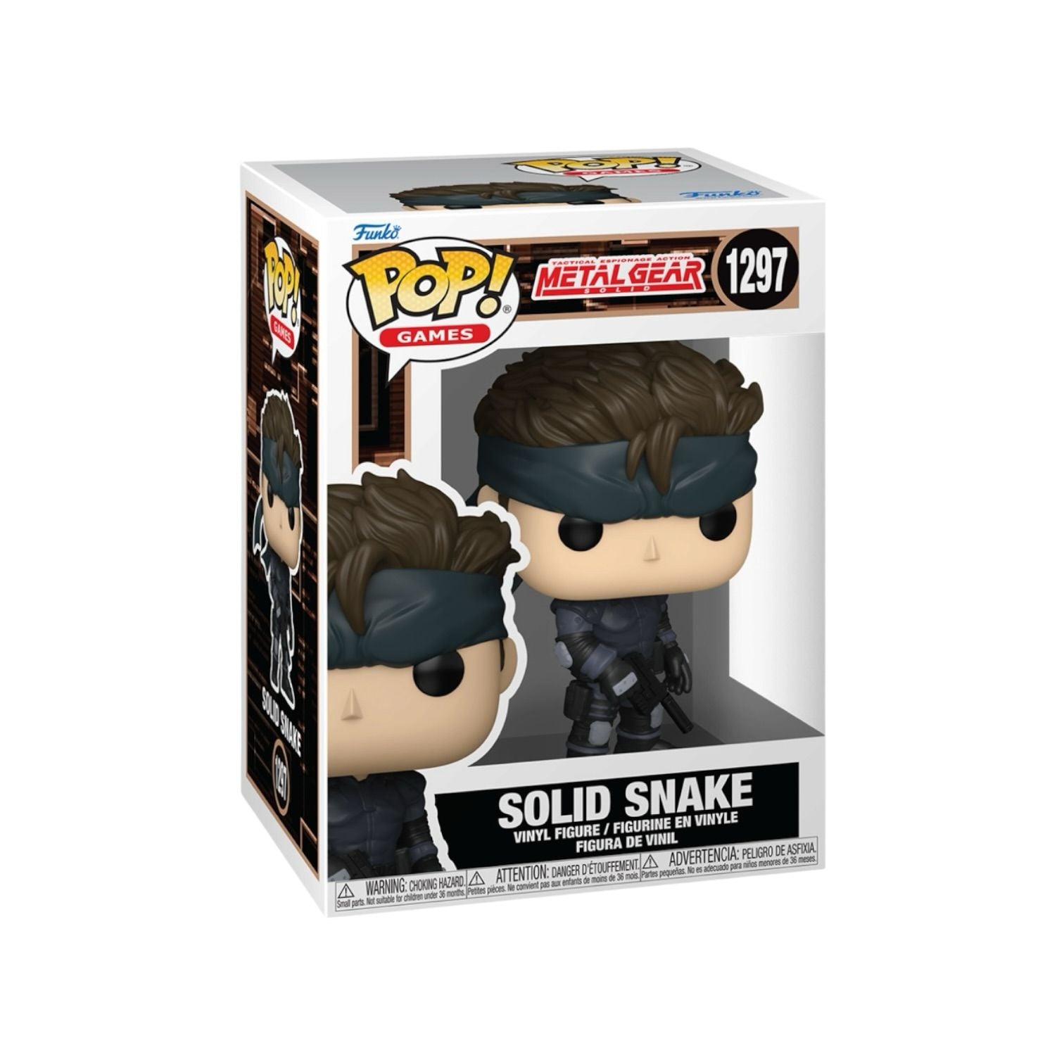 Funko Pop! vinyl figure packaging of Solid Snake from Metal Gear Solid with Pop! and Metal Gear branding.