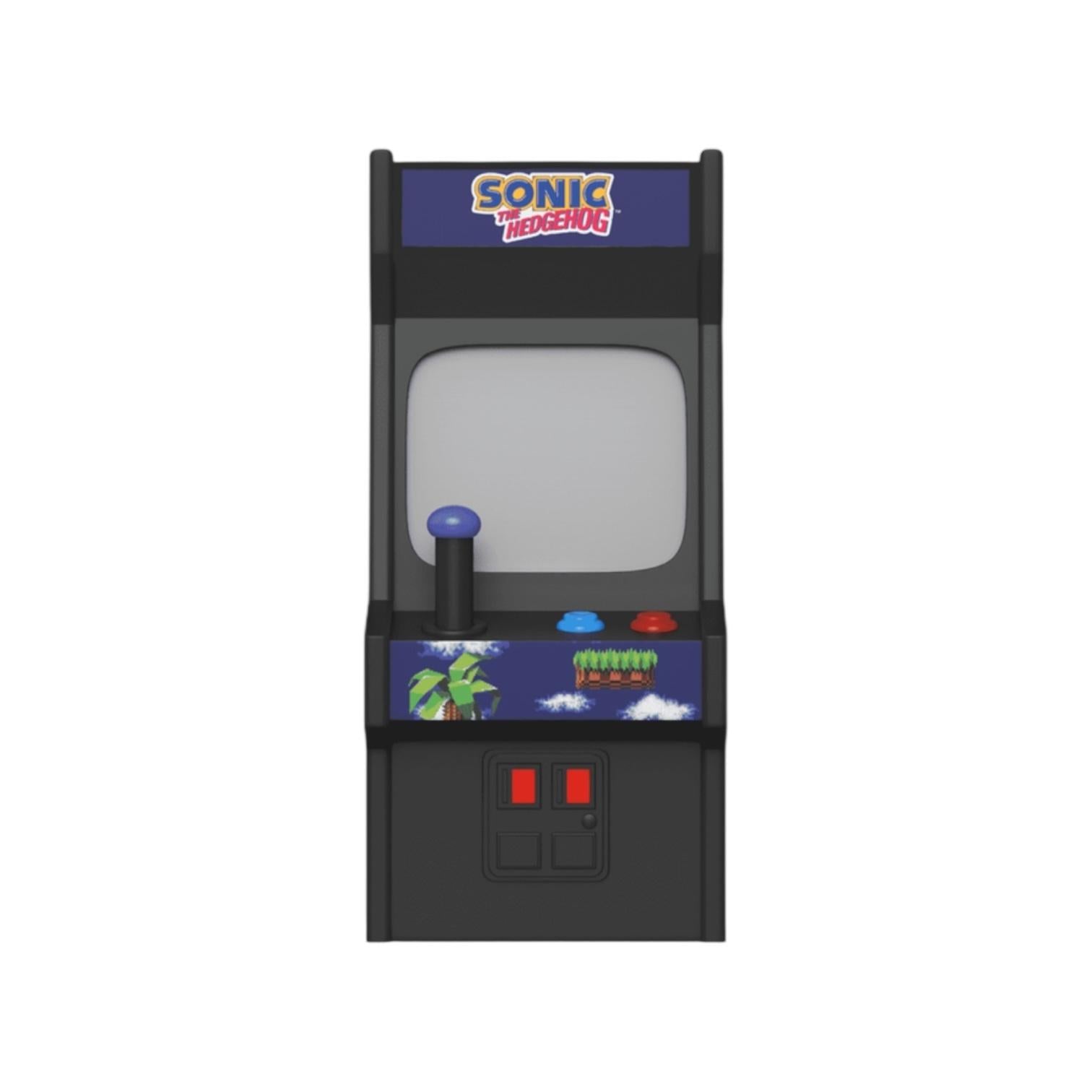 Miniature Sonic the Hedgehog arcade machine on a white background