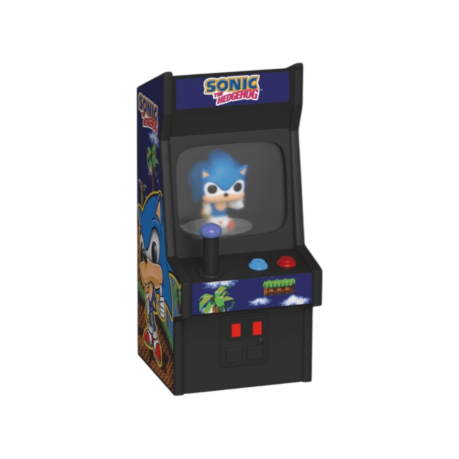 Miniature Sonic the Hedgehog arcade machine on a white background