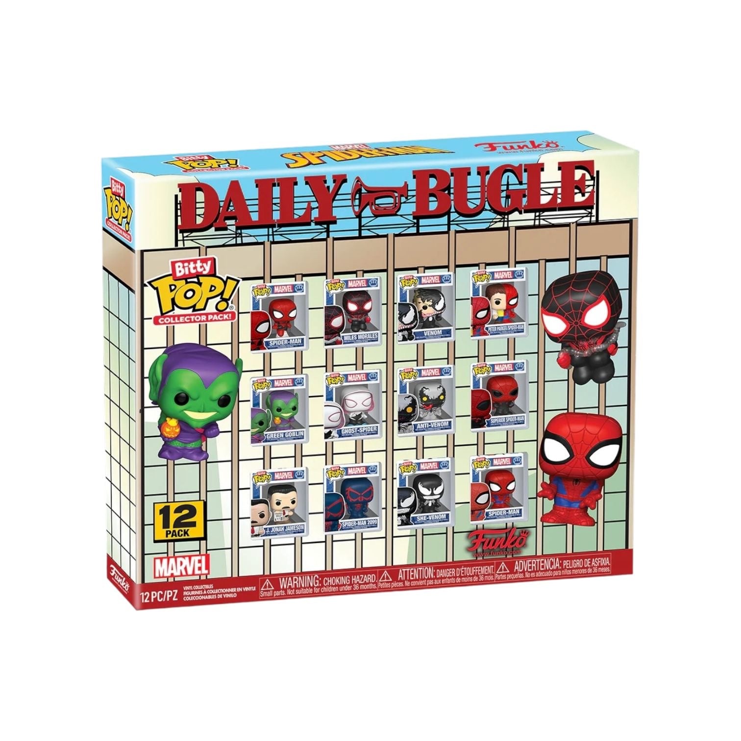 Funko Pop! Marvel Daily Bugle display box with multiple figures on a white background