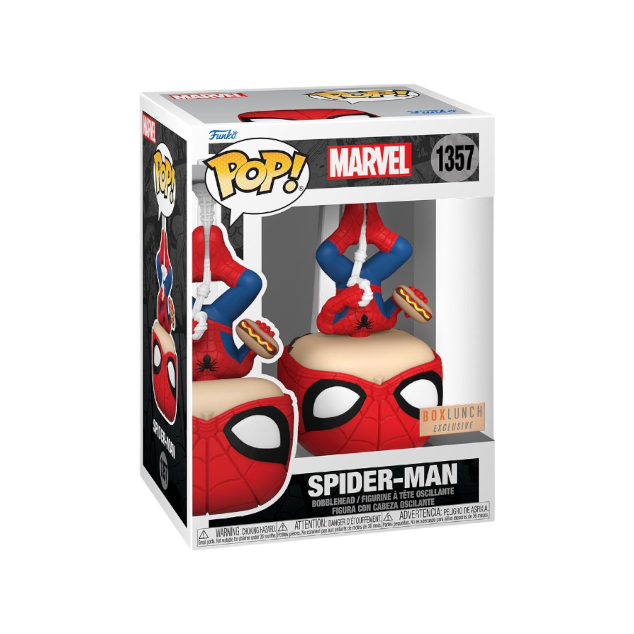 Funko Pop! Spider-Man #1357 hanging figure, a BoxLunch exclusive, depicting the beloved Marvel superhero in dynamic pose.