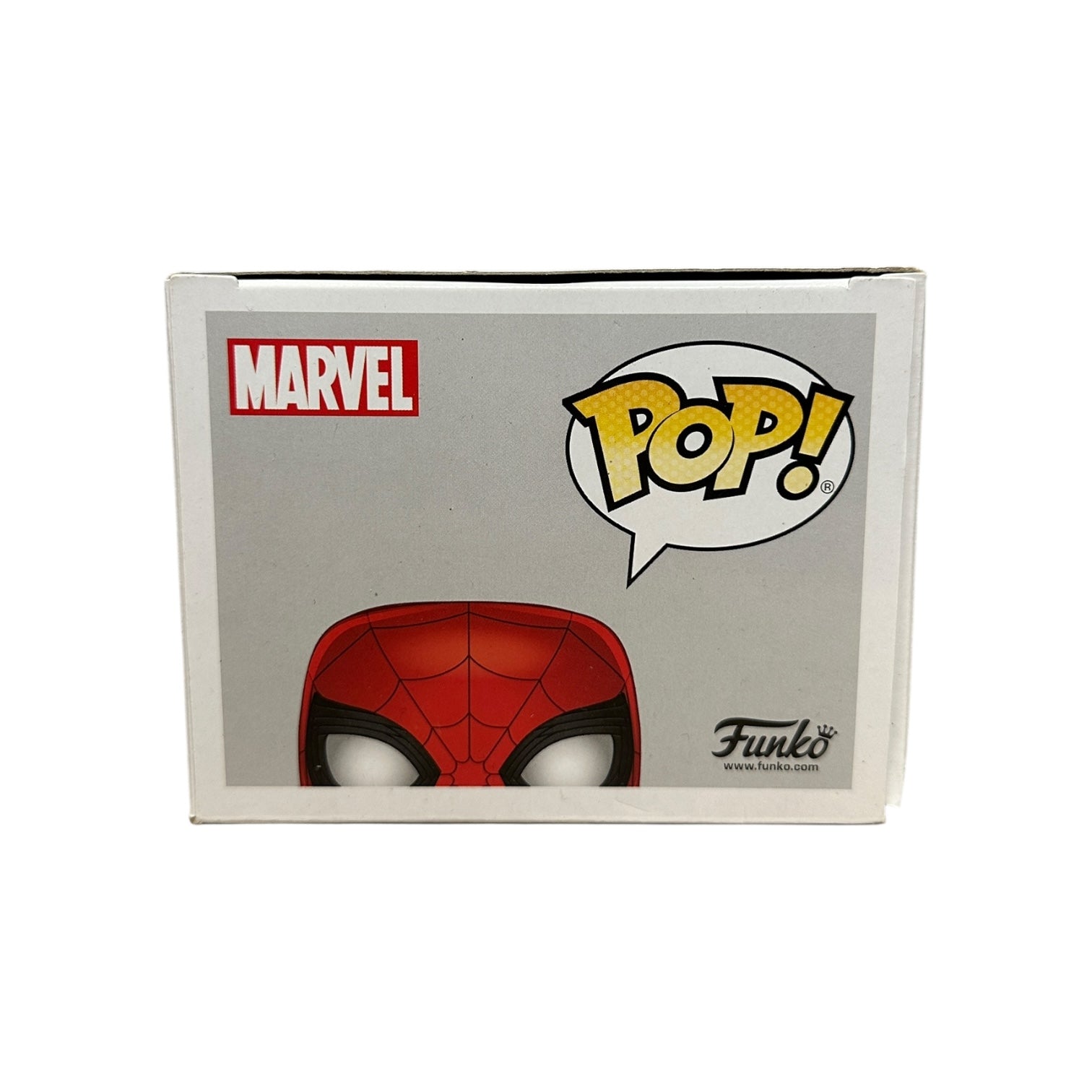 Marvel Funko Pop! packaging with Spider-Man mask design on a white background