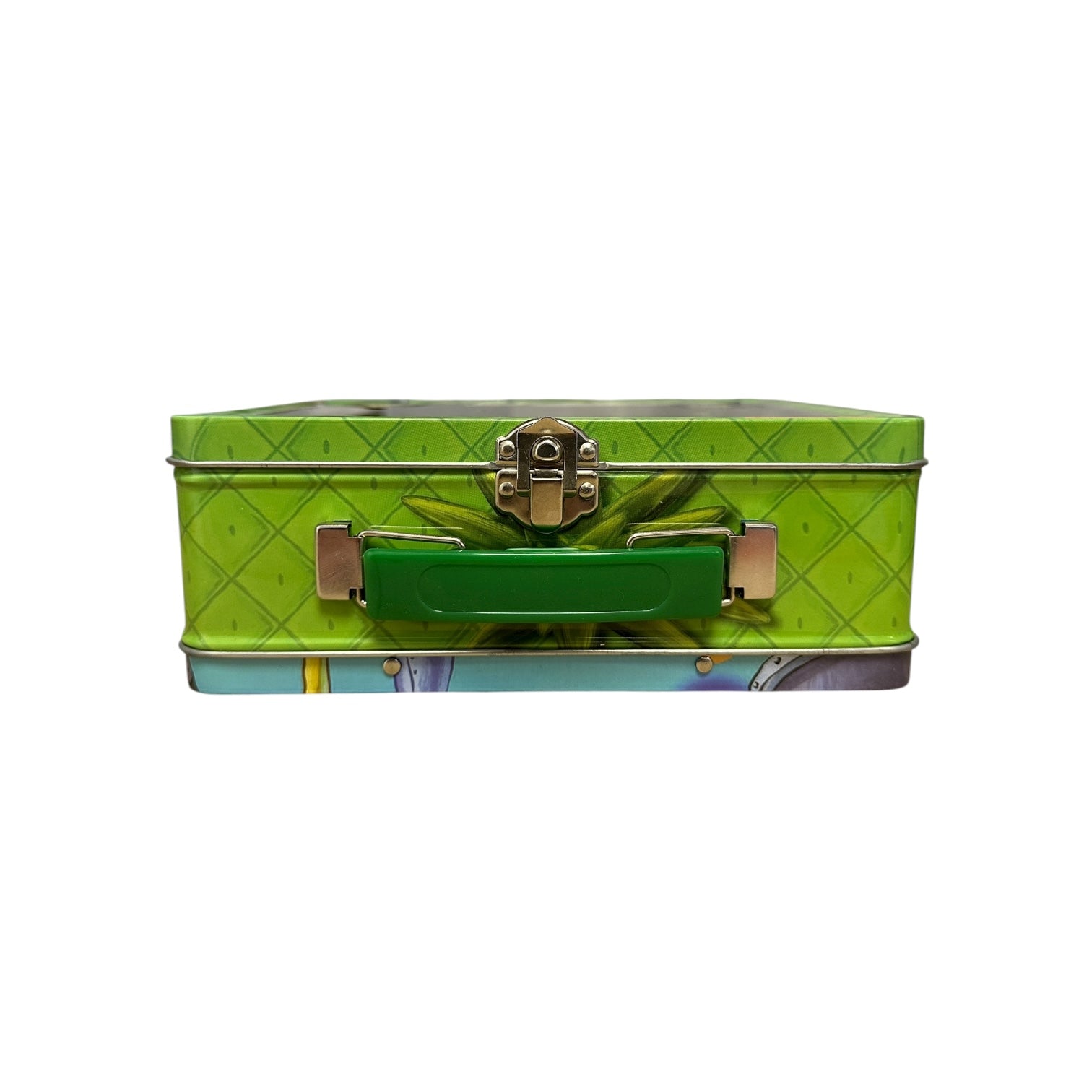 Green suitcase with a patterned handle on a white background