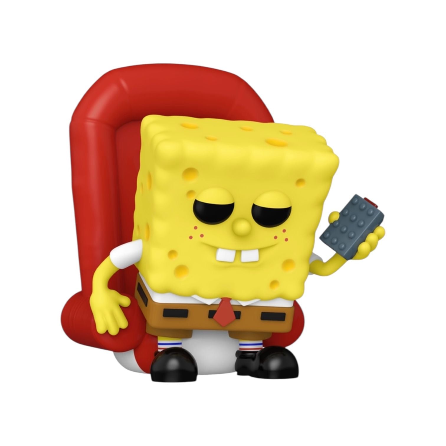 SpongeBob SquarePants figurine holding a phone and remote control on a white background